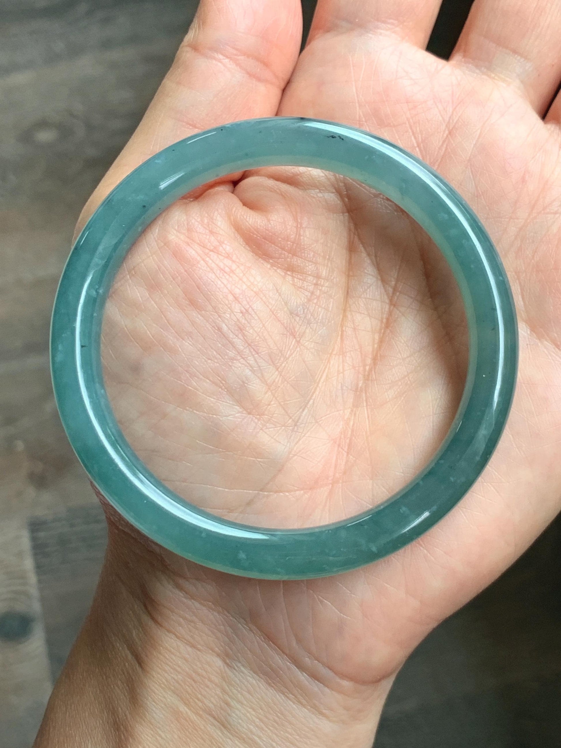 Certified Natural Grade A Guatemalan Icy Translucent Dusty Teal Green Jade Jadeite Bangle Bracelet 56.83mm 7” 32g 天然冰危蓝绿翡翠圆条手镯 211