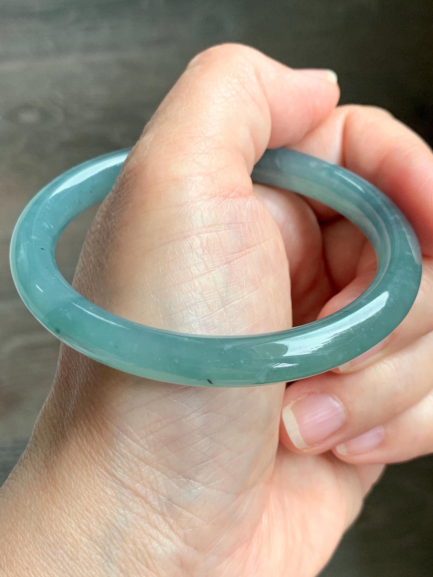 Certified Natural Grade A Guatemalan Icy Translucent Dusty Teal Green Jade Jadeite Bangle Bracelet 56.83mm 7” 32g 天然冰危蓝绿翡翠圆条手镯 211