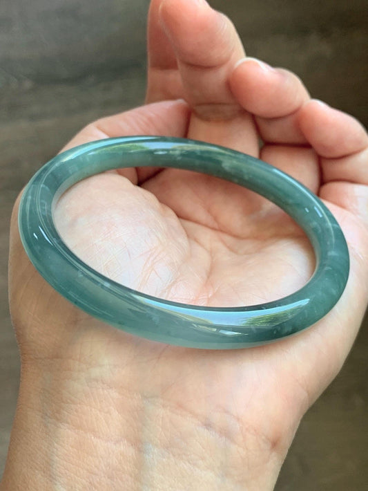Certified Natural Grade A Guatemalan Icy Translucent Dusty Teal Green Jade Jadeite Bangle Bracelet 59mm 7.29” 34g 天然冰危蓝绿翡翠圆条手镯 200