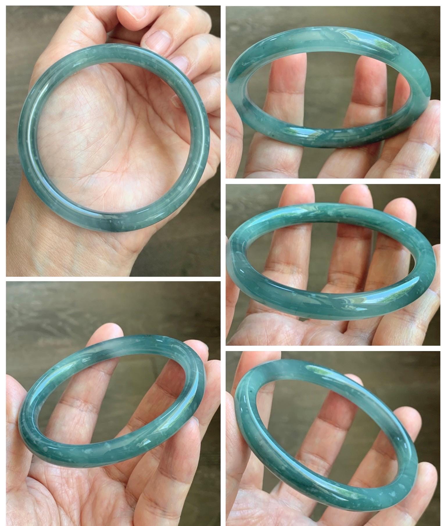 Certified Natural Grade A Guatemalan Icy Translucent Dusty Teal Green Jade Jadeite Bangle Bracelet 59mm 7.29” 34g 天然冰危蓝绿翡翠圆条手镯 200