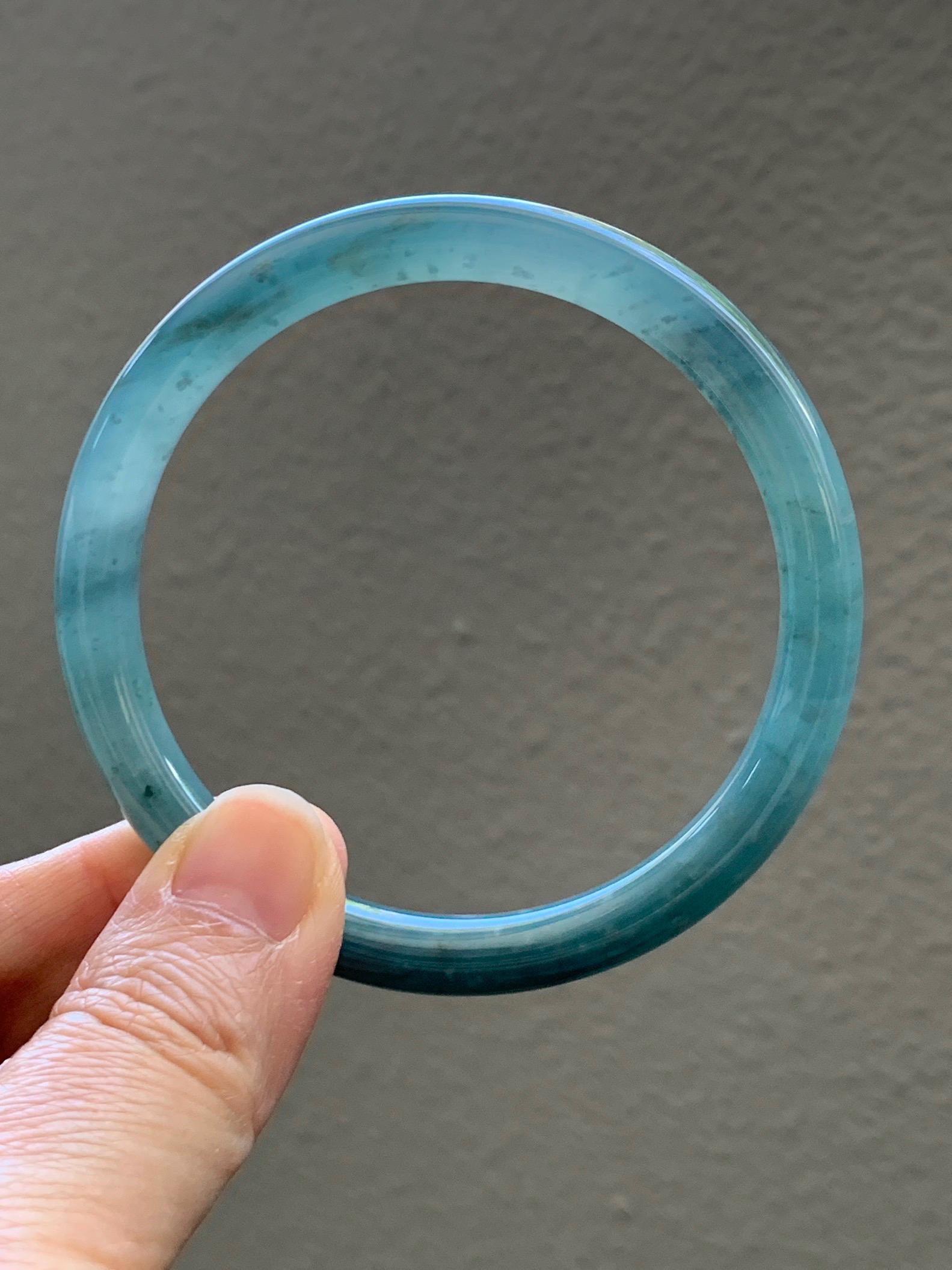 Certified Natural Grade A Guatemalan Icy Translucent Dusty Teal Green Jade Jadeite Bangle Bracelet 59mm 7.29” 34g 天然冰危蓝绿翡翠圆条手镯 200