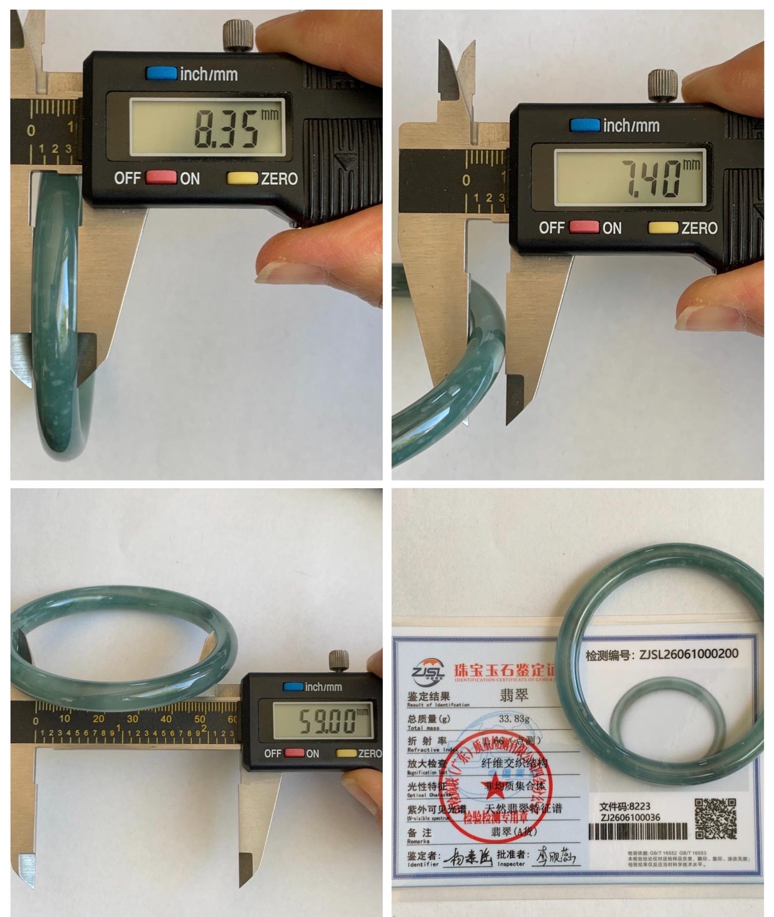 Certified Natural Grade A Guatemalan Icy Translucent Dusty Teal Green Jade Jadeite Bangle Bracelet 59mm 7.29” 34g 天然冰危蓝绿翡翠圆条手镯 200