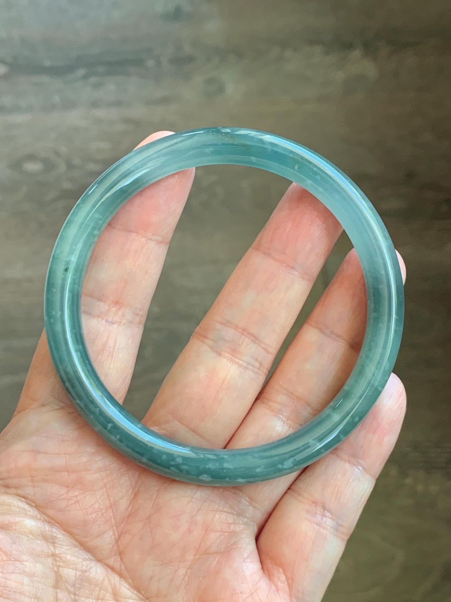Certified Natural Grade A Guatemalan Icy Translucent Dusty Teal Green Jade Jadeite Bangle Bracelet 59mm 7.29” 34g 天然冰危蓝绿翡翠圆条手镯 200