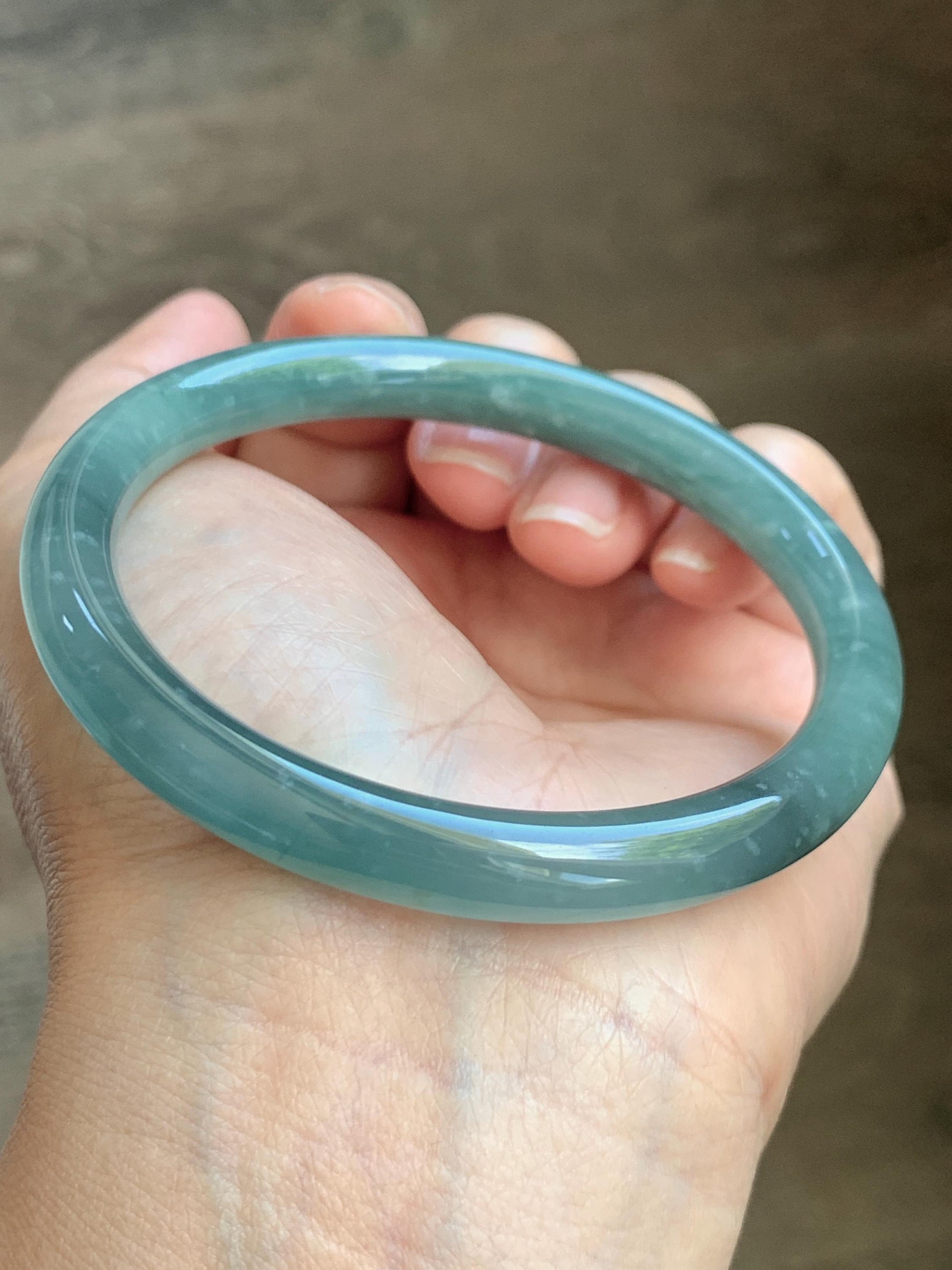 Certified Natural Grade A Guatemalan Icy Translucent Dusty Teal Green Jade Jadeite Bangle Bracelet 59mm 7.29” 34g 天然冰危蓝绿翡翠圆条手镯 200