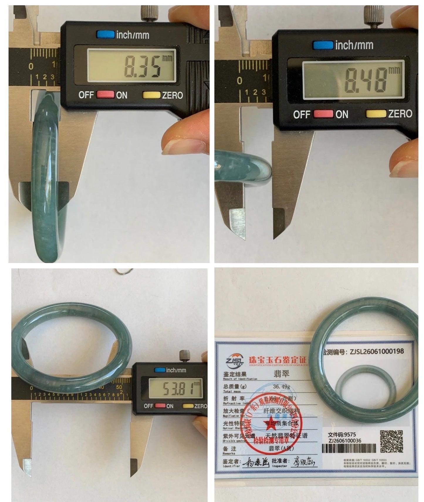 Certified Natural Grade A Guatemalan Icy Translucent Dusty Teal Blue Jade Jadeite Bangle Bracelet 53.8mm 6.65” 36g 天然冰危蓝绿翡翠圆条手镯 198