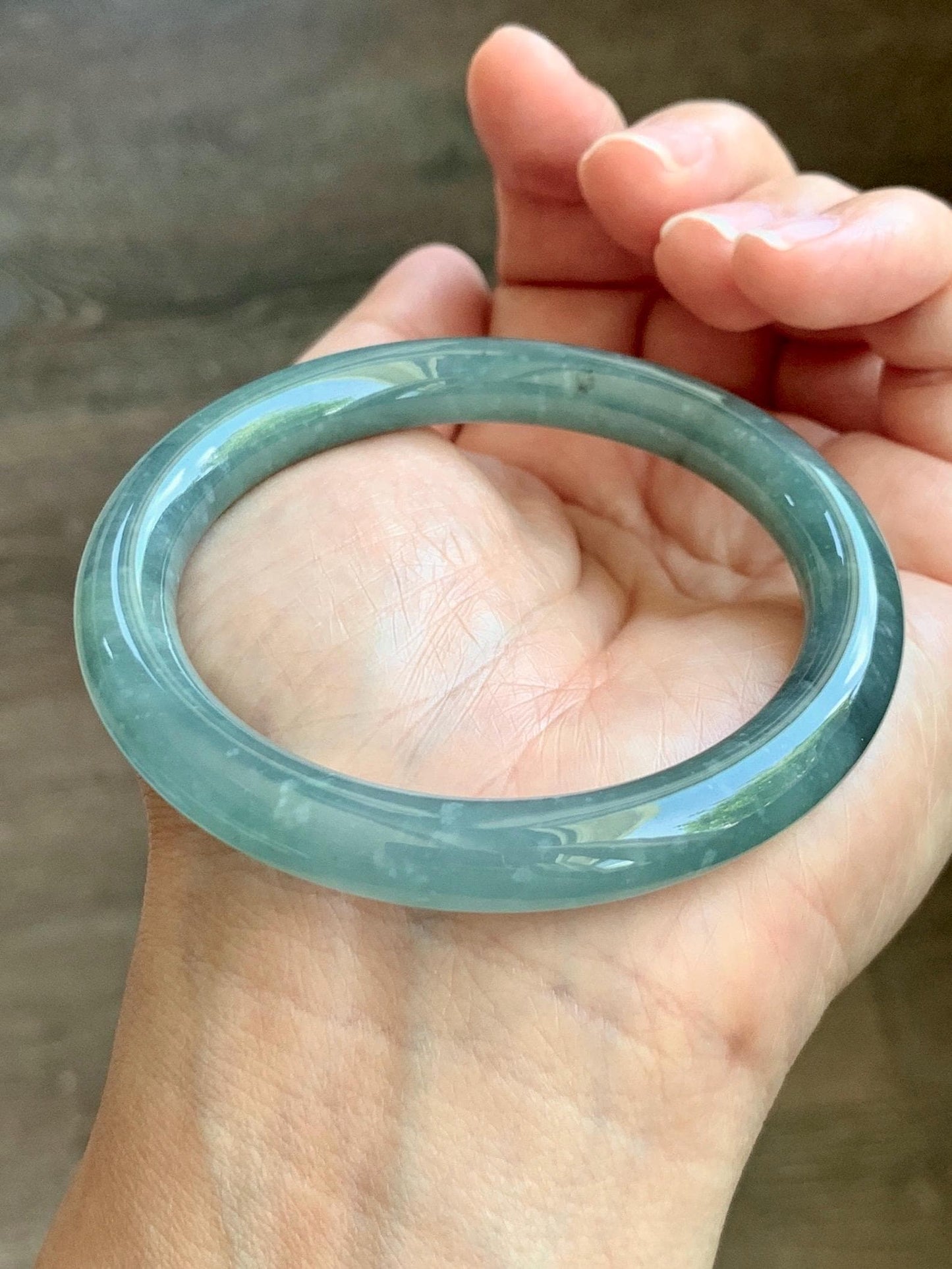 Certified Natural Grade A Guatemalan Icy Translucent Dusty Teal Blue Jade Jadeite Bangle Bracelet 53.8mm 6.65” 36g 天然冰危蓝绿翡翠圆条手镯 198