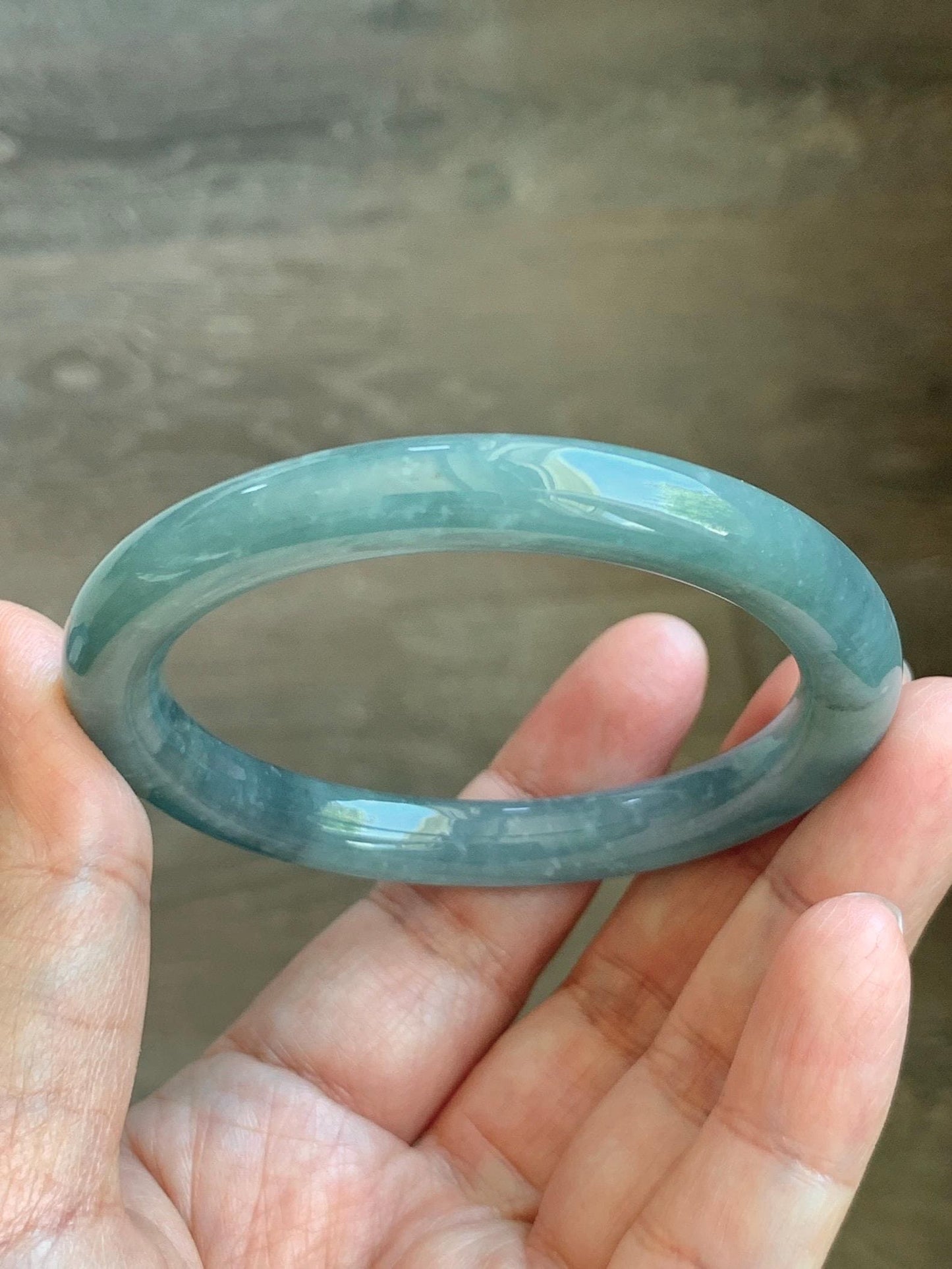 Certified Natural Grade A Guatemalan Icy Translucent Dusty Teal Blue Jade Jadeite Bangle Bracelet 53.8mm 6.65” 36g 天然冰危蓝绿翡翠圆条手镯 198