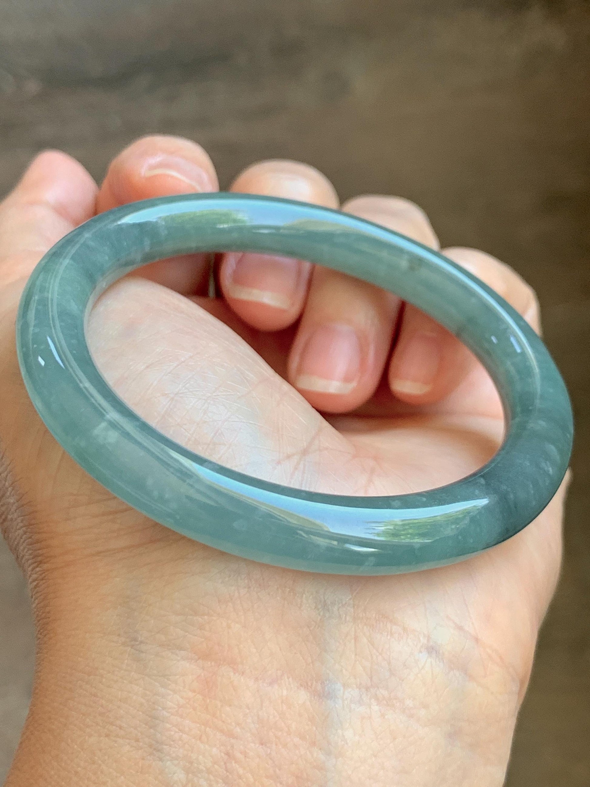 Certified Natural Grade A Guatemalan Icy Translucent Dusty Teal Blue Jade Jadeite Bangle Bracelet 53.8mm 6.65” 36g 天然冰危蓝绿翡翠圆条手镯 198