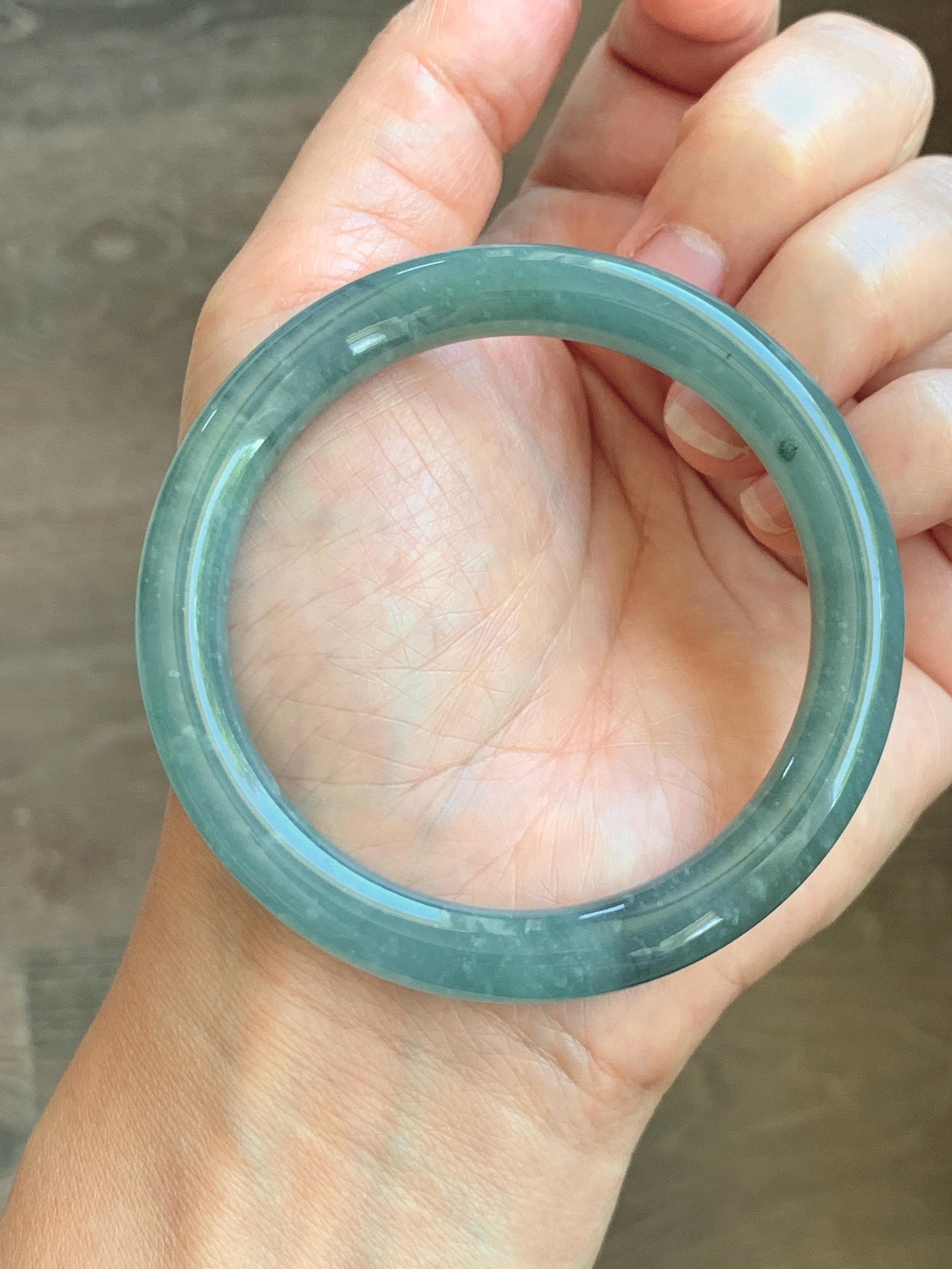 Certified Natural Grade A Guatemalan Icy Translucent Dusty Teal Blue Jade Jadeite Bangle Bracelet 53.8mm 6.65” 36g 天然冰危蓝绿翡翠圆条手镯 198
