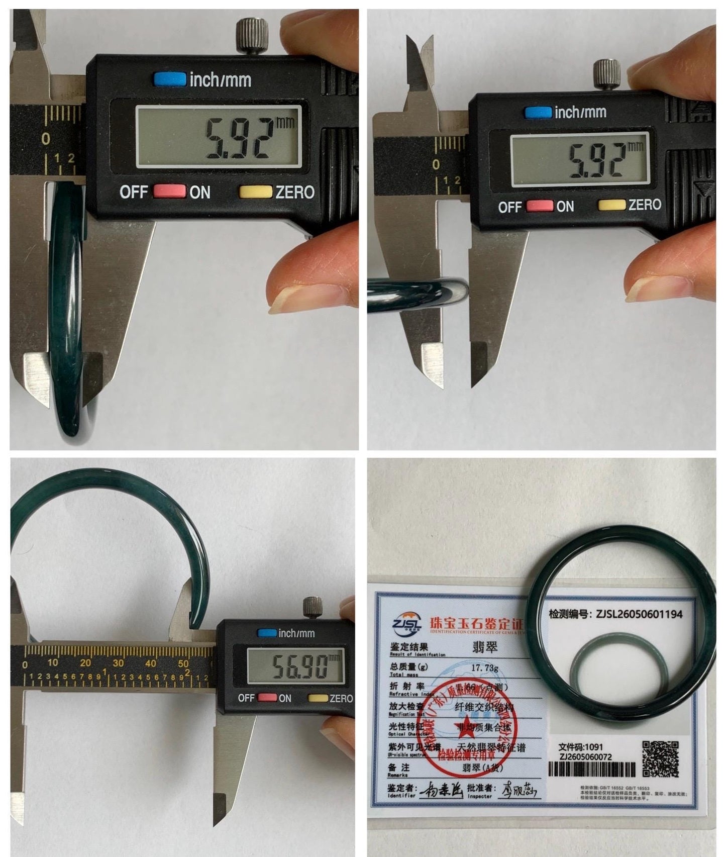 Certified Natural Grade A Guatemalan Icy Translucent Dark Teal Blue Jade Jadeite Slim Bangle 56.9mm 7.03” 17.7g AS IS 天然冰胶危深蓝绿翡翠细圆条手镯 1194