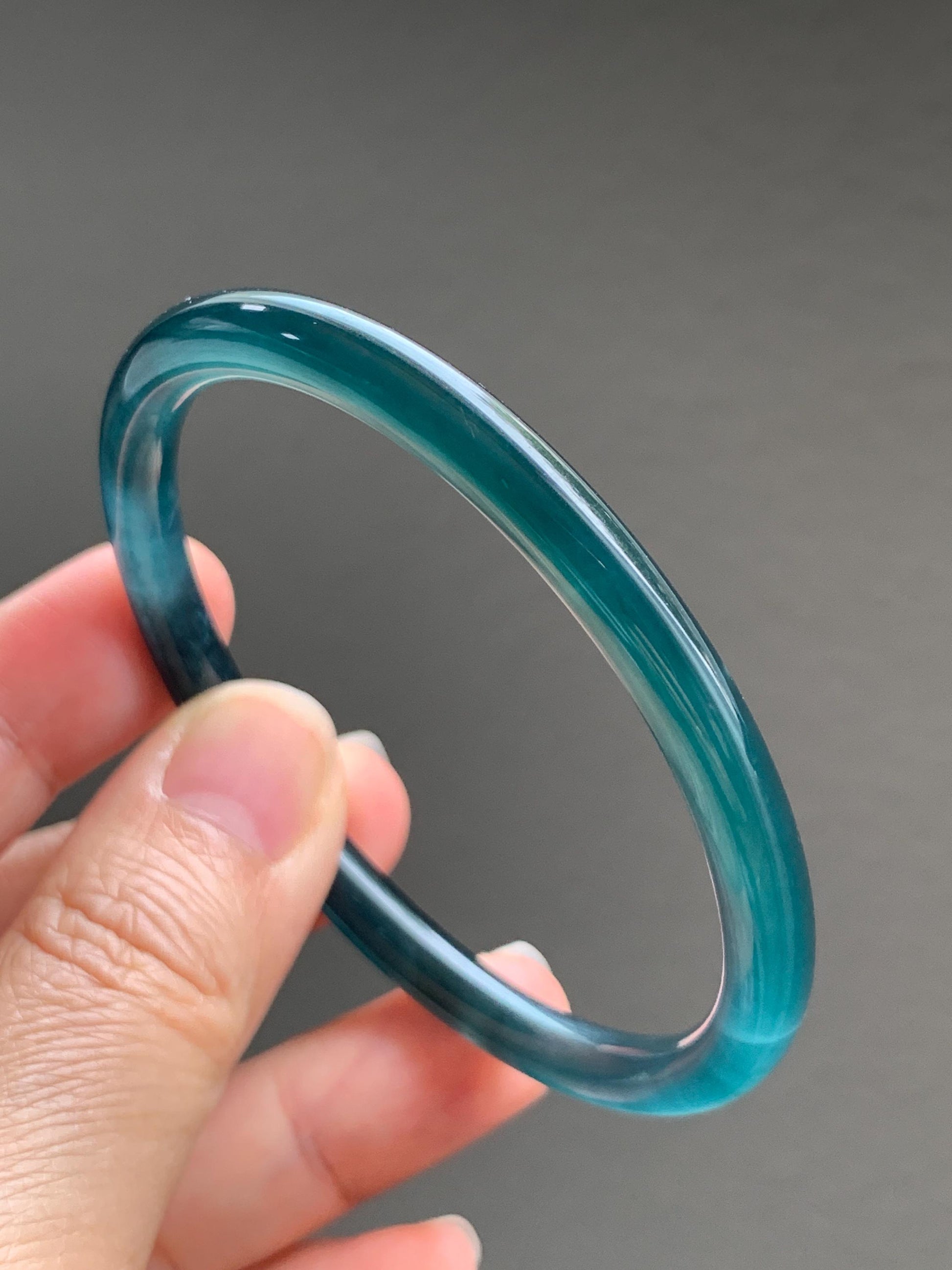 Certified Natural Grade A Guatemalan Icy Translucent Dark Teal Blue Jade Jadeite Slim Bangle 56.9mm 7.03” 17.7g AS IS 天然冰胶危深蓝绿翡翠细圆条手镯 1194