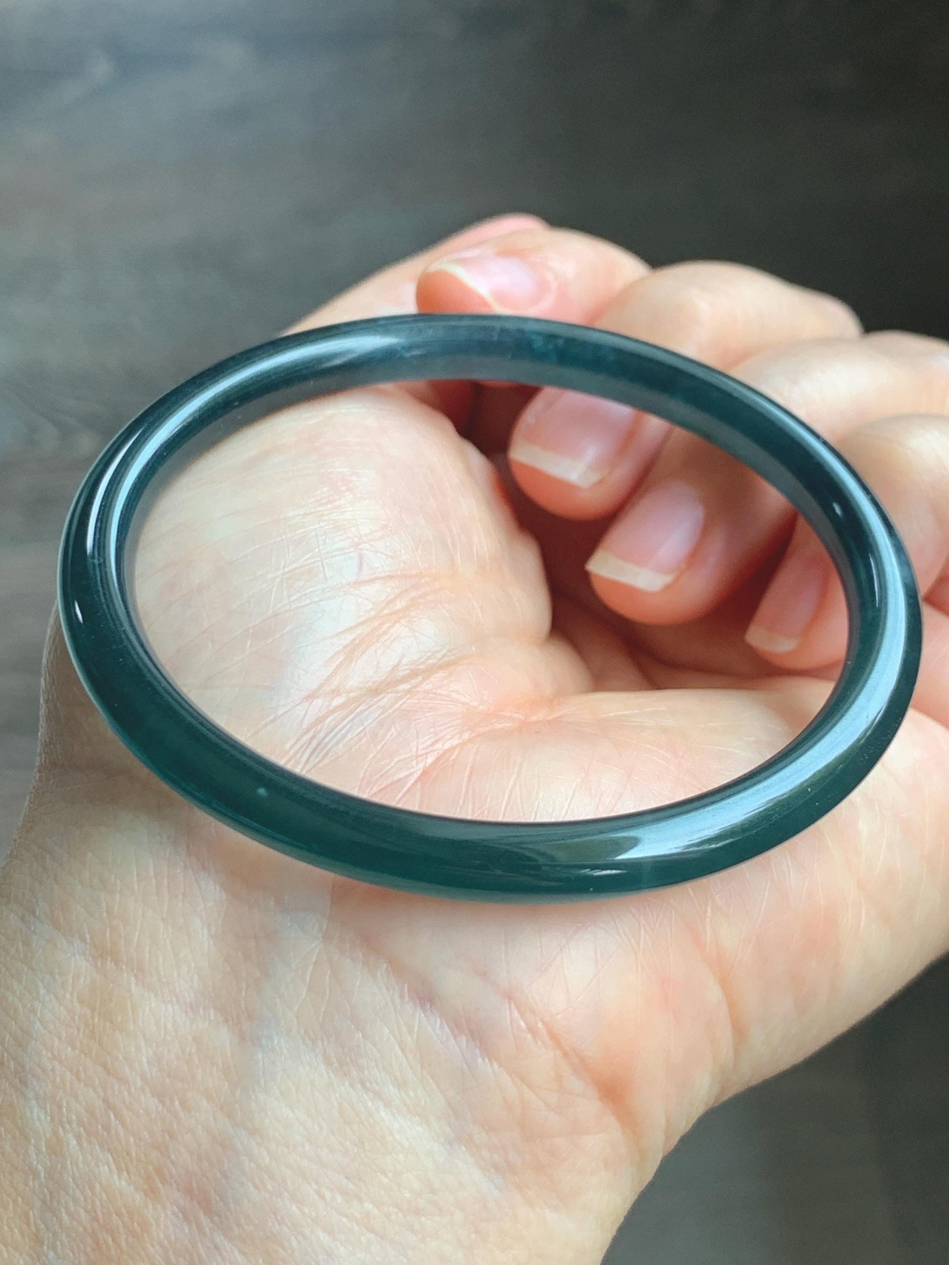 Certified Natural Grade A Guatemalan Icy Translucent Dark Teal Blue Jade Jadeite Slim Bangle 56.9mm 7.03” 17.7g AS IS 天然冰胶危深蓝绿翡翠细圆条手镯 1194