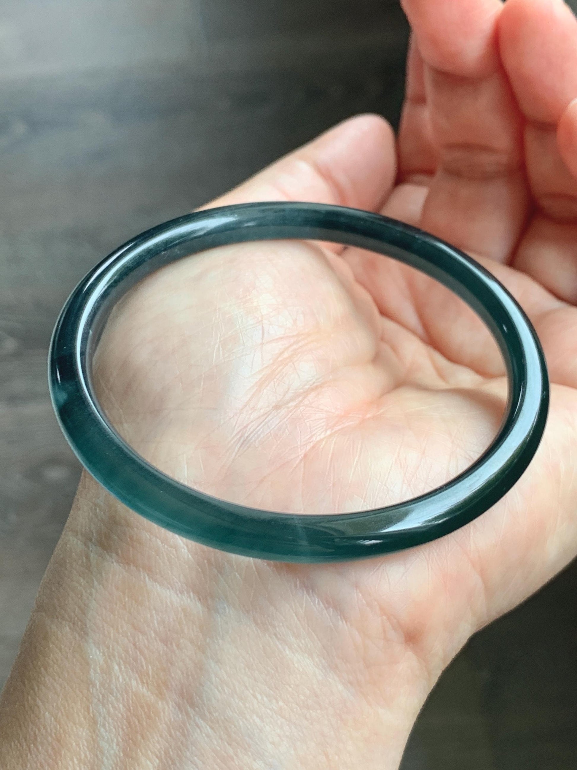 Certified Natural Grade A Guatemalan Icy Translucent Dark Teal Blue Jade Jadeite Slim Bangle 56.9mm 7.03” 17.7g AS IS 天然冰胶危深蓝绿翡翠细圆条手镯 1194
