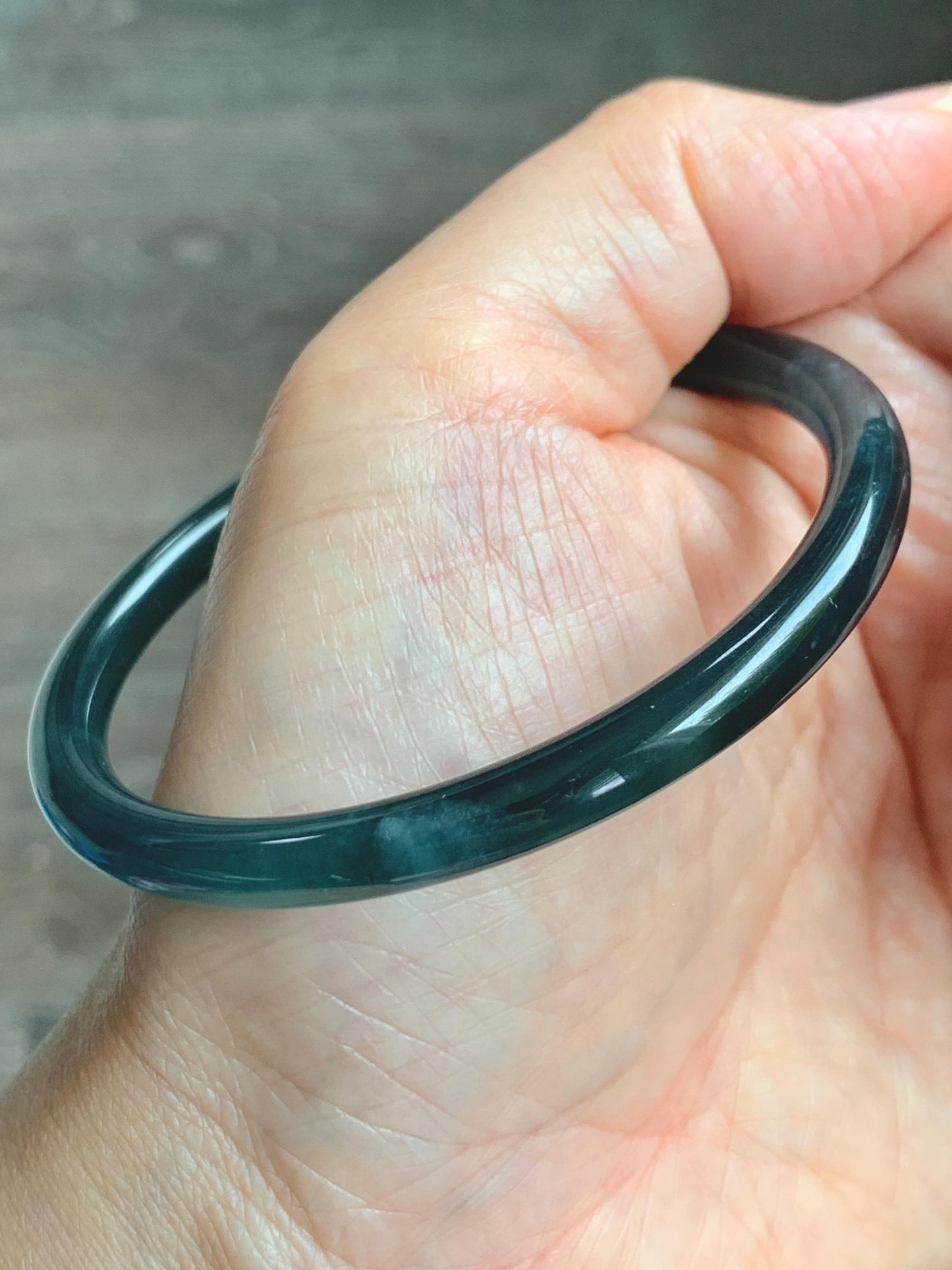 Certified Natural Grade A Guatemalan Icy Translucent Dark Teal Blue Jade Jadeite Slim Bangle 56.9mm 7.03” 17.7g AS IS 天然冰胶危深蓝绿翡翠细圆条手镯 1194