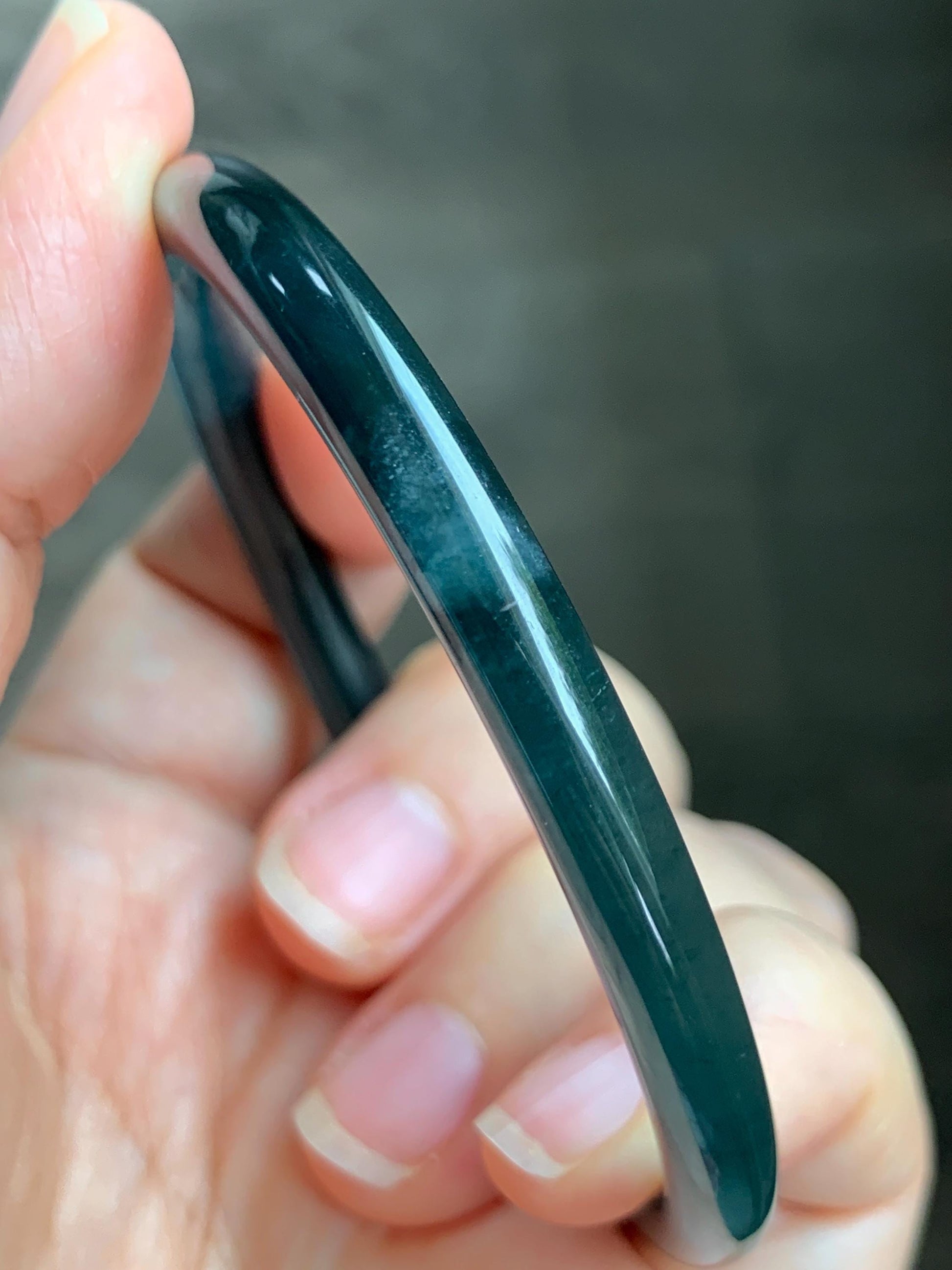 Certified Natural Grade A Guatemalan Icy Translucent Dark Teal Blue Jade Jadeite Slim Bangle 56.9mm 7.03” 17.7g AS IS 天然冰胶危深蓝绿翡翠细圆条手镯 1194