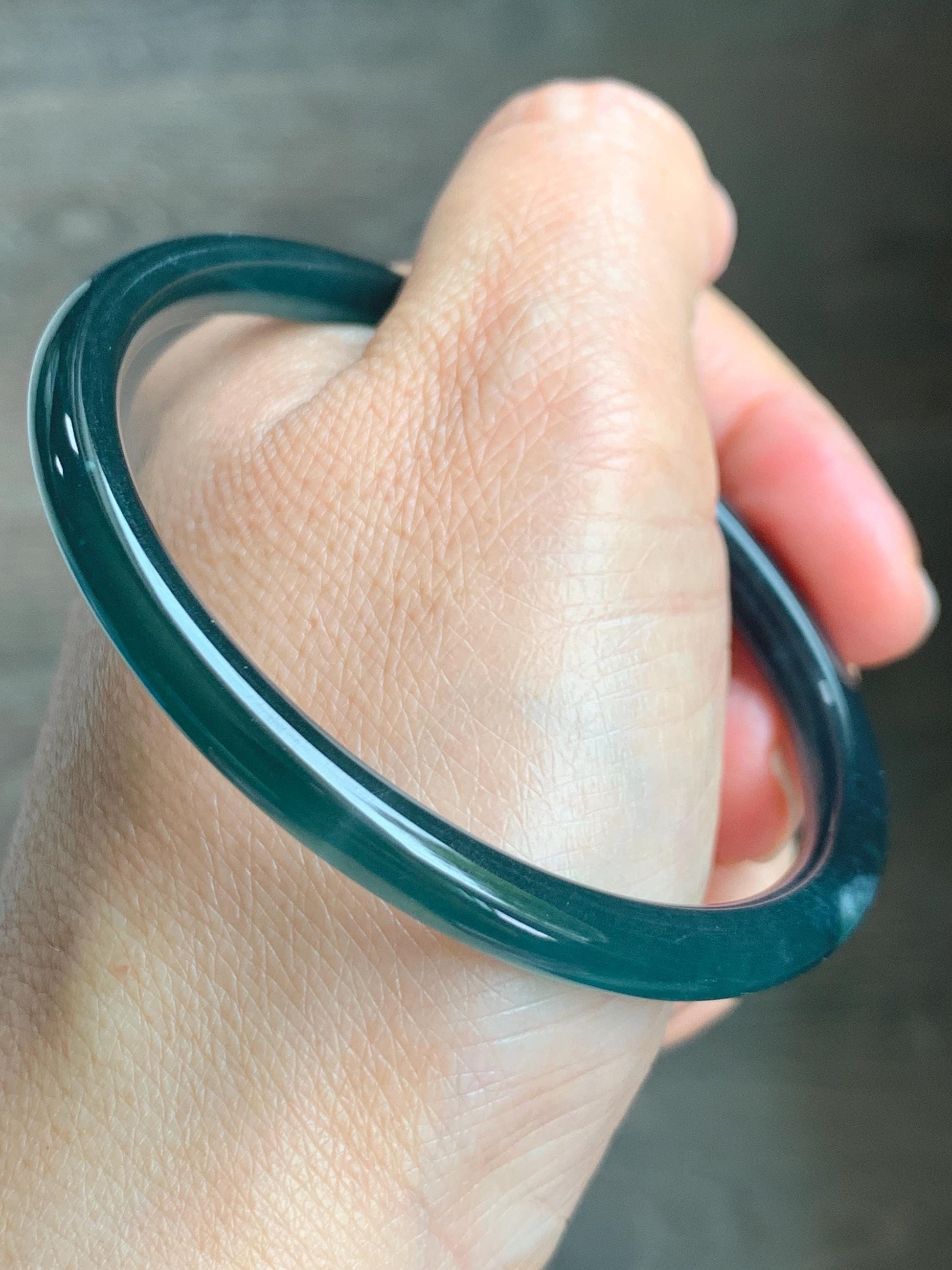 Certified Natural Grade A Guatemalan Icy Translucent Dark Teal Blue Jade Jadeite Slim Bangle 56.9mm 7.03” 17.7g AS IS 天然冰胶危深蓝绿翡翠细圆条手镯 1194