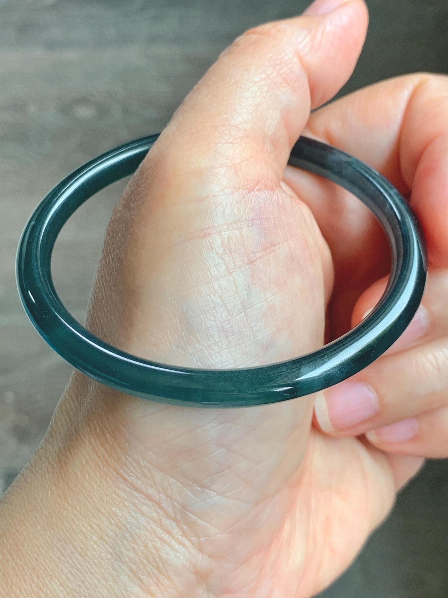 Certified Natural Grade A Guatemalan Icy Translucent Dark Teal Blue Jade Jadeite Slim Bangle 56.9mm 7.03” 17.7g AS IS 天然冰胶危深蓝绿翡翠细圆条手镯 1194
