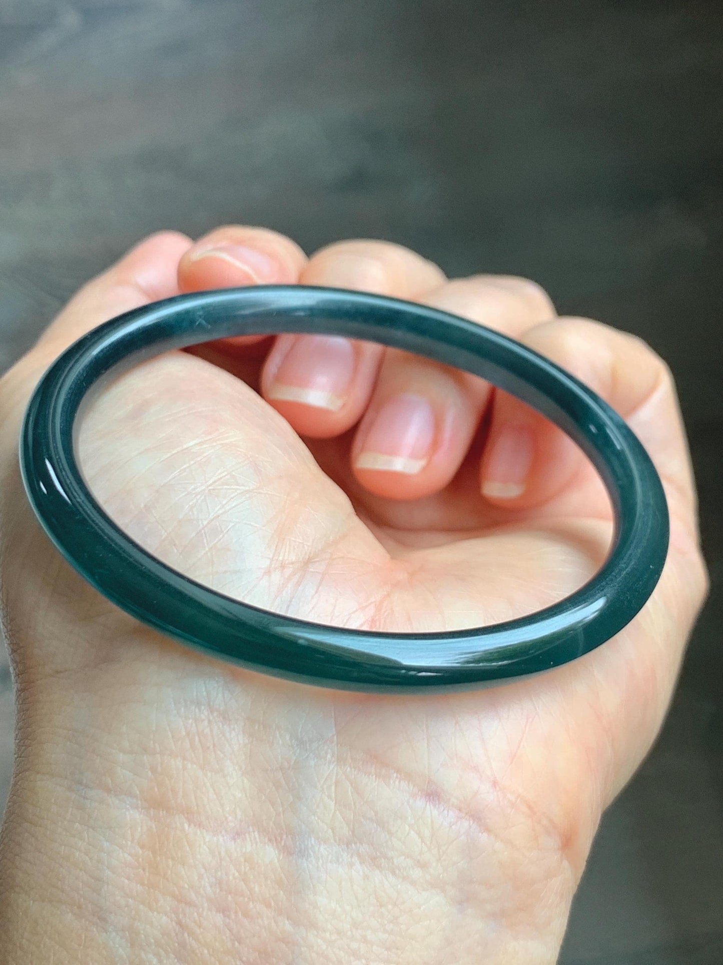 Certified Natural Grade A Guatemalan Icy Translucent Dark Teal Blue Jade Jadeite Slim Bangle 56.9mm 7.03” 17.7g AS IS 天然冰胶危深蓝绿翡翠细圆条手镯 1194