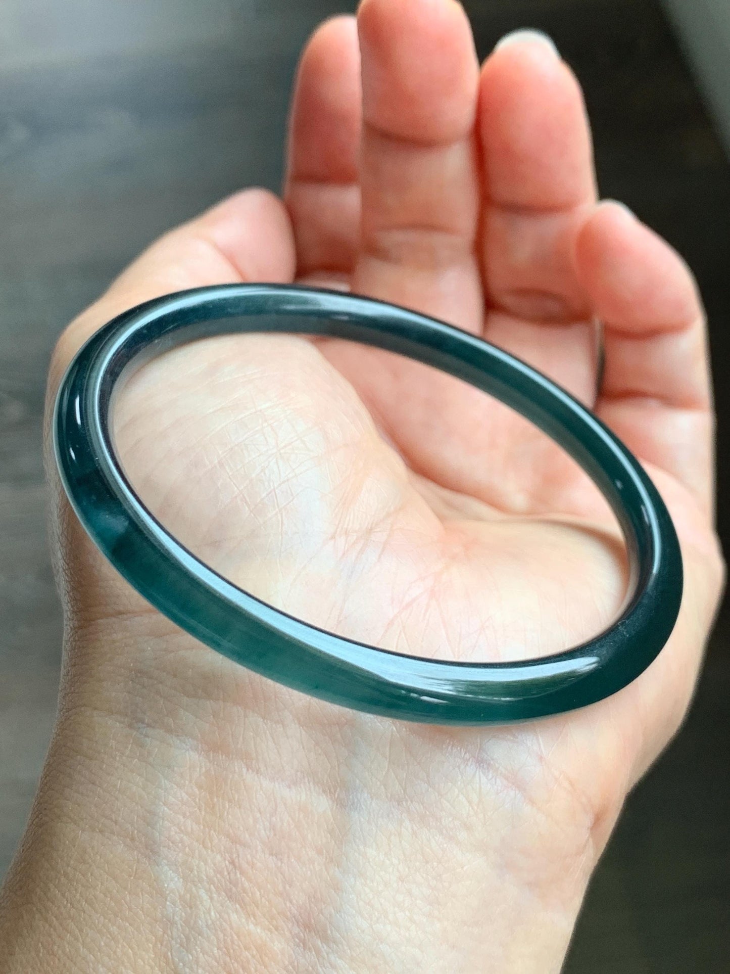 Certified Natural Grade A Guatemalan Icy Translucent Dark Teal Blue Jade Jadeite Slim Bangle 56.9mm 7.03” 17.7g AS IS 天然冰胶危深蓝绿翡翠细圆条手镯 1194