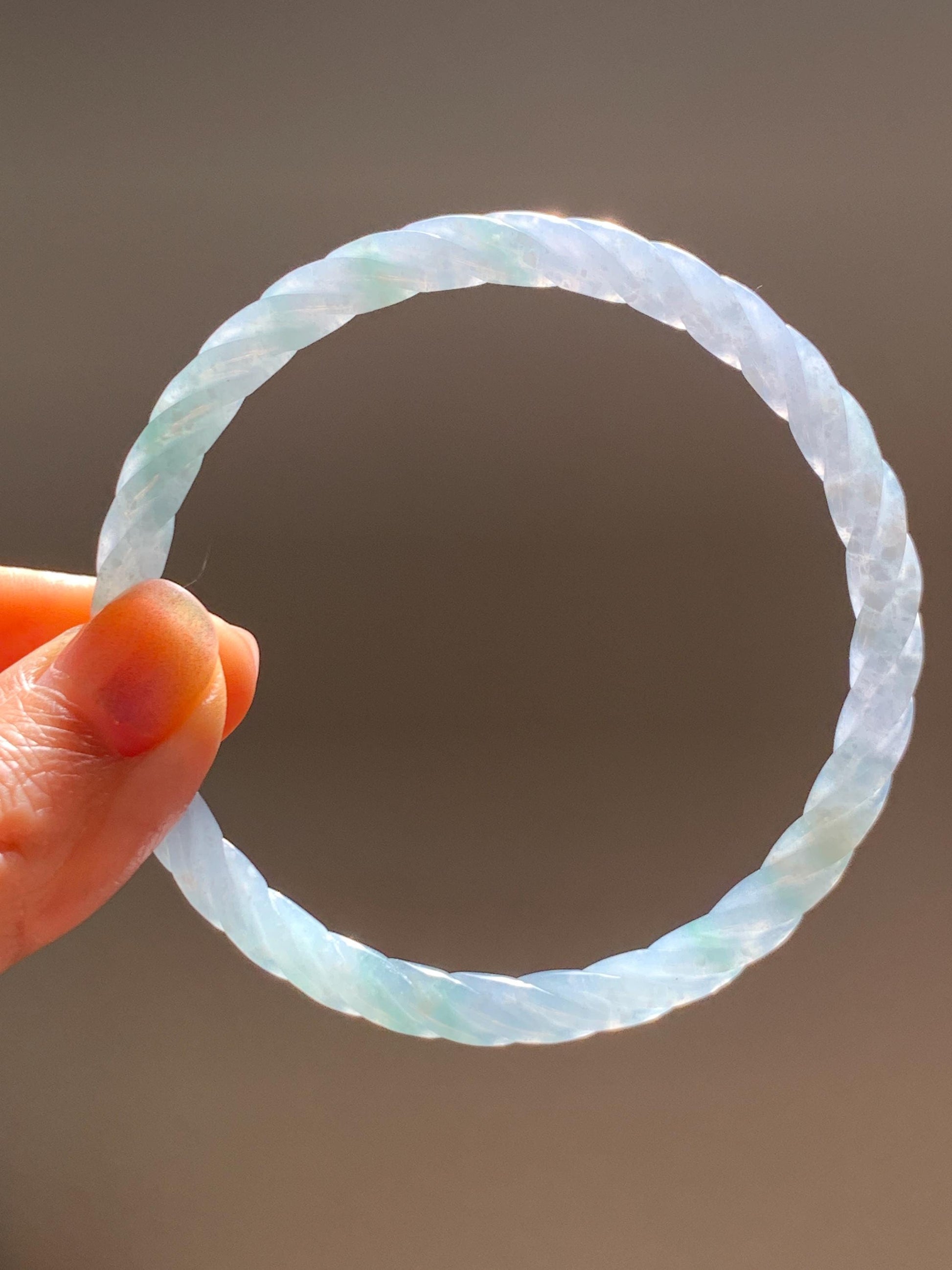 Certified Natural Grade A Guatemalan Icy Translucent Pastel Dusty Blue Jade Jadeite Carved Braid Slim Bangle 58.7mm 7.25” 天然冰危浅灰蓝翡翠细麻花手镯 196