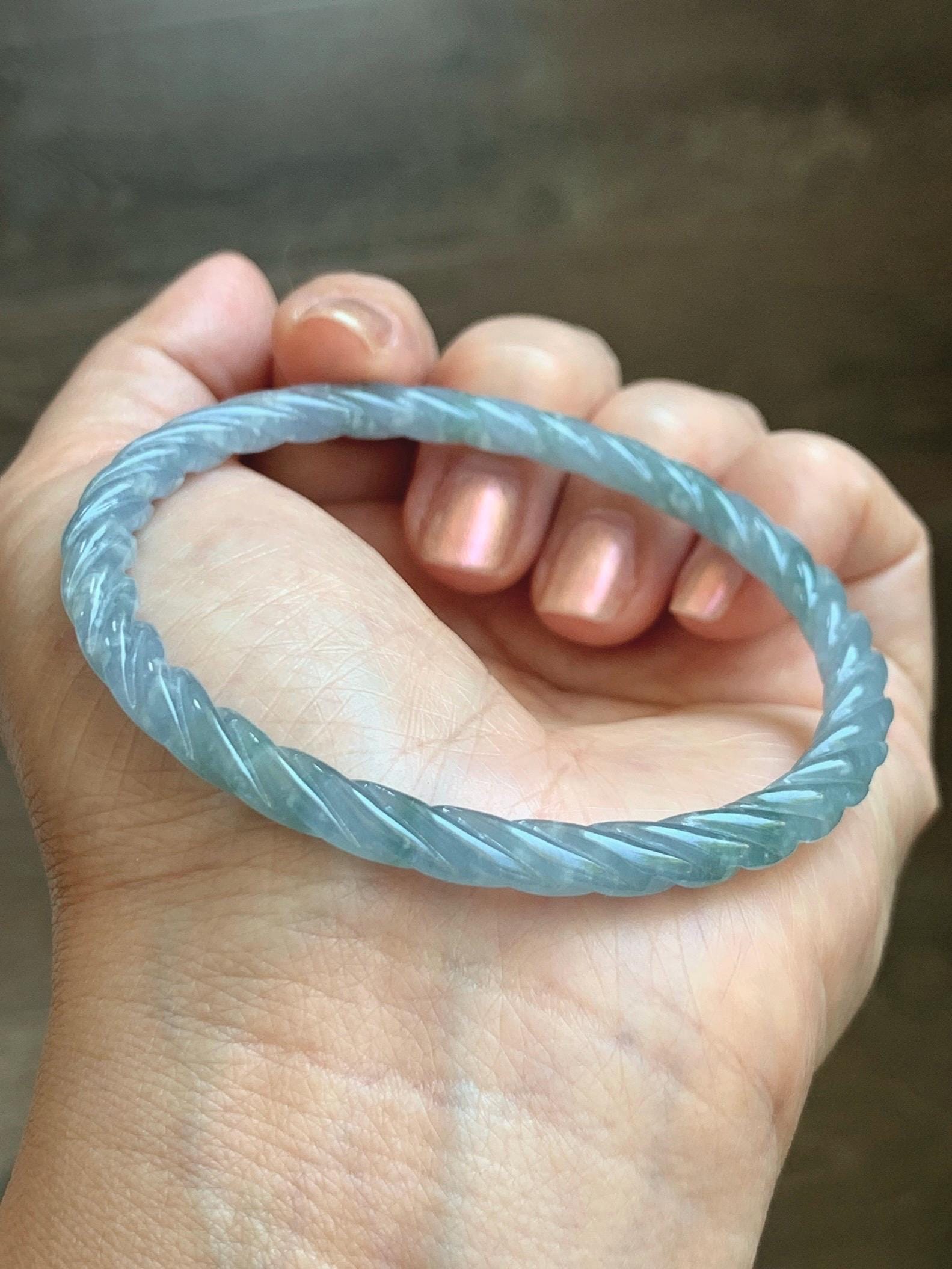 Certified Natural Grade A Guatemalan Icy Translucent Pastel Dusty Blue Jade Jadeite Carved Braid Slim Bangle 58.7mm 7.25” 天然冰危浅灰蓝翡翠细麻花手镯 196