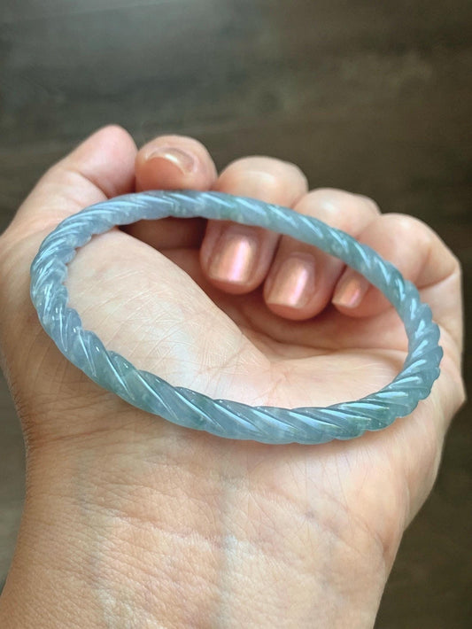 Certified Natural Grade A Guatemalan Icy Translucent Pastel Dusty Blue Jade Jadeite Carved Braid Slim Bangle 58.7mm 7.25” 天然冰危浅灰蓝翡翠细麻花手镯 196