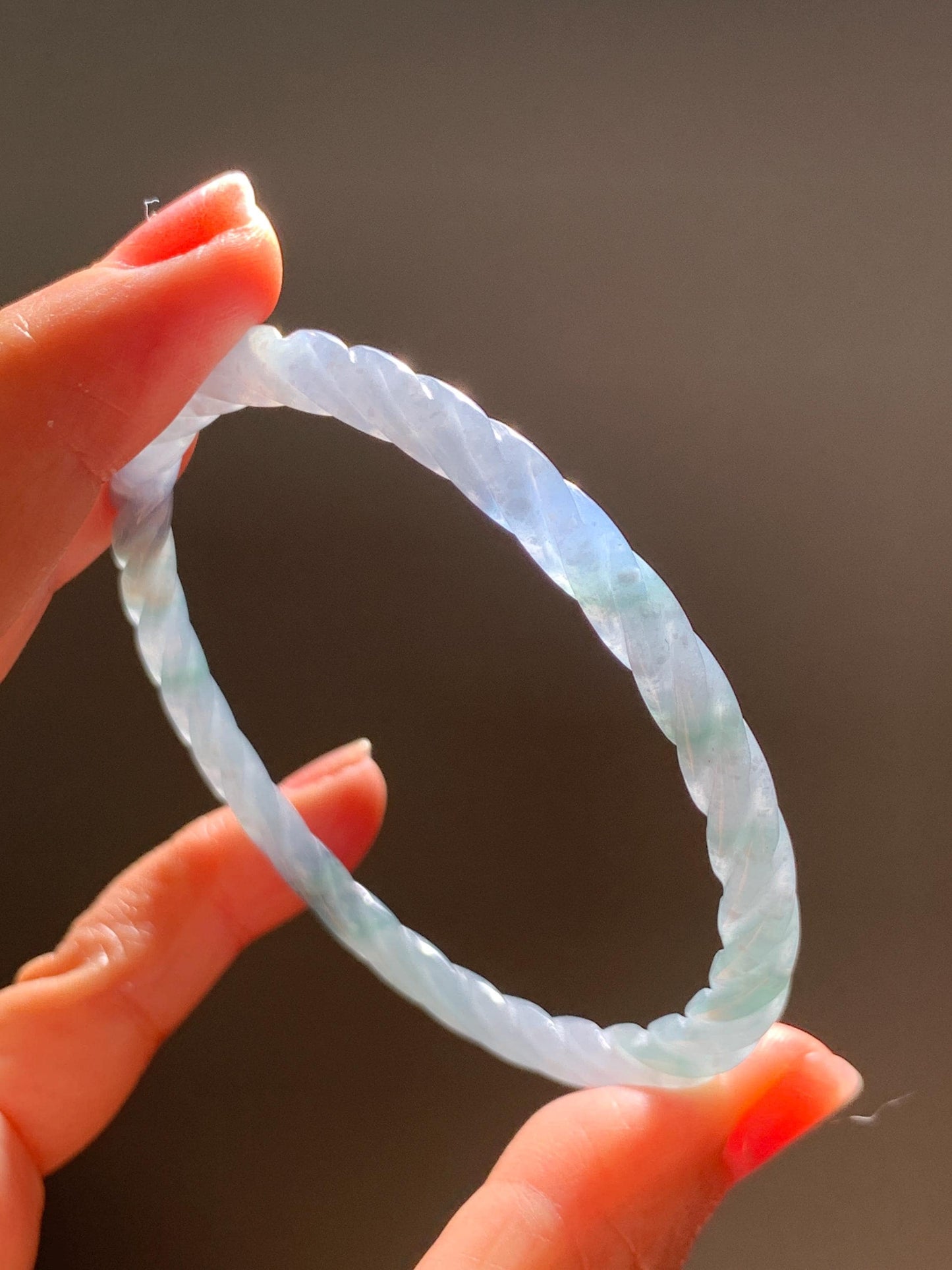 Certified Natural Grade A Guatemalan Icy Translucent Pastel Dusty Blue Jade Jadeite Carved Braid Slim Bangle 58.7mm 7.25” 天然冰危浅灰蓝翡翠细麻花手镯 196