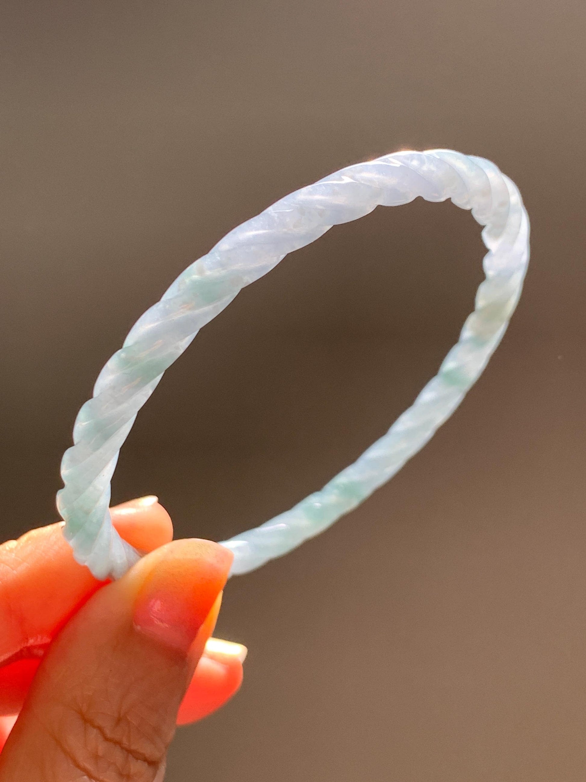 Certified Natural Grade A Guatemalan Icy Translucent Pastel Dusty Blue Jade Jadeite Carved Braid Slim Bangle 58.7mm 7.25” 天然冰危浅灰蓝翡翠细麻花手镯 196