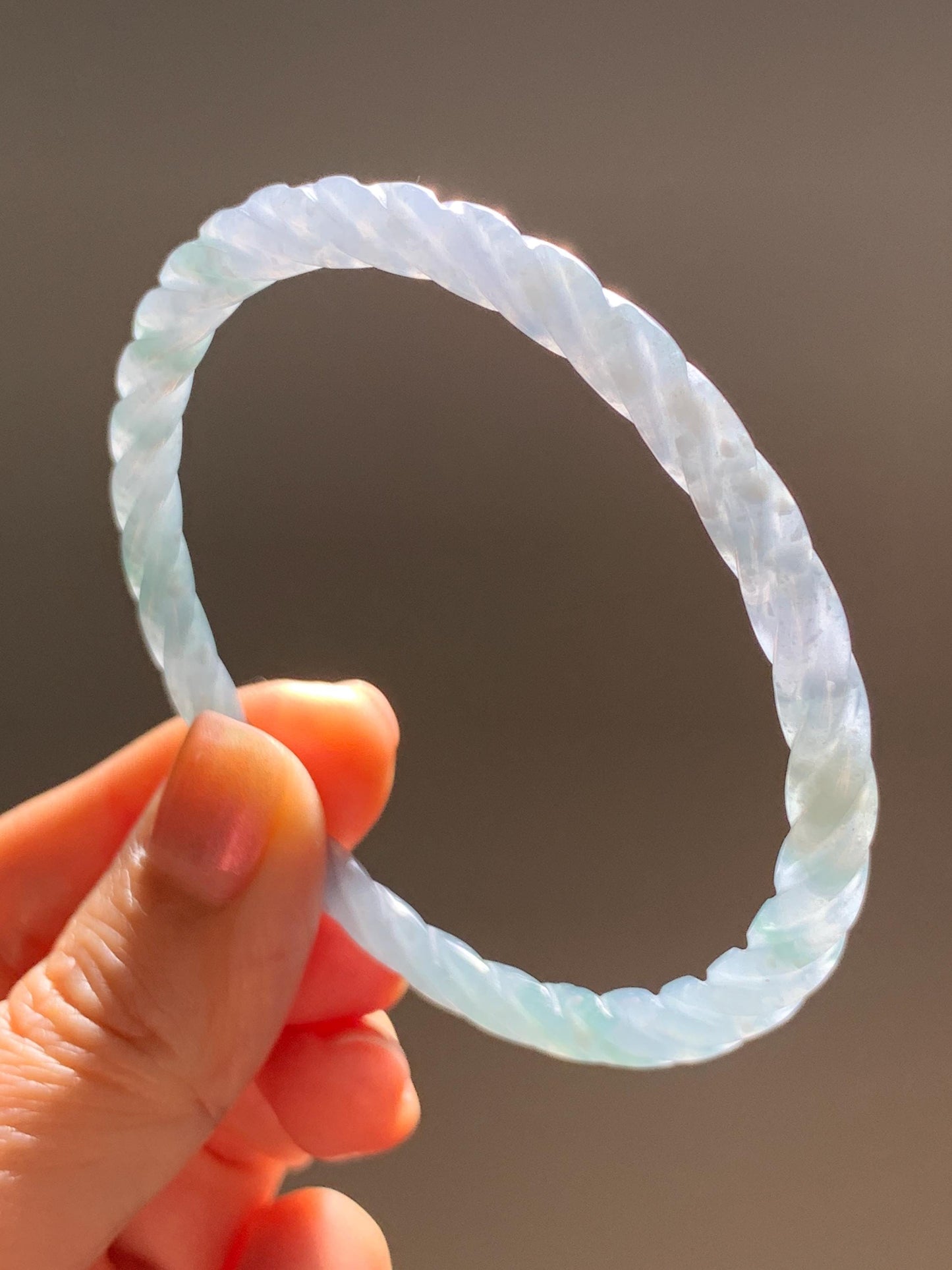 Certified Natural Grade A Guatemalan Icy Translucent Pastel Dusty Blue Jade Jadeite Carved Braid Slim Bangle 58.7mm 7.25” 天然冰危浅灰蓝翡翠细麻花手镯 196