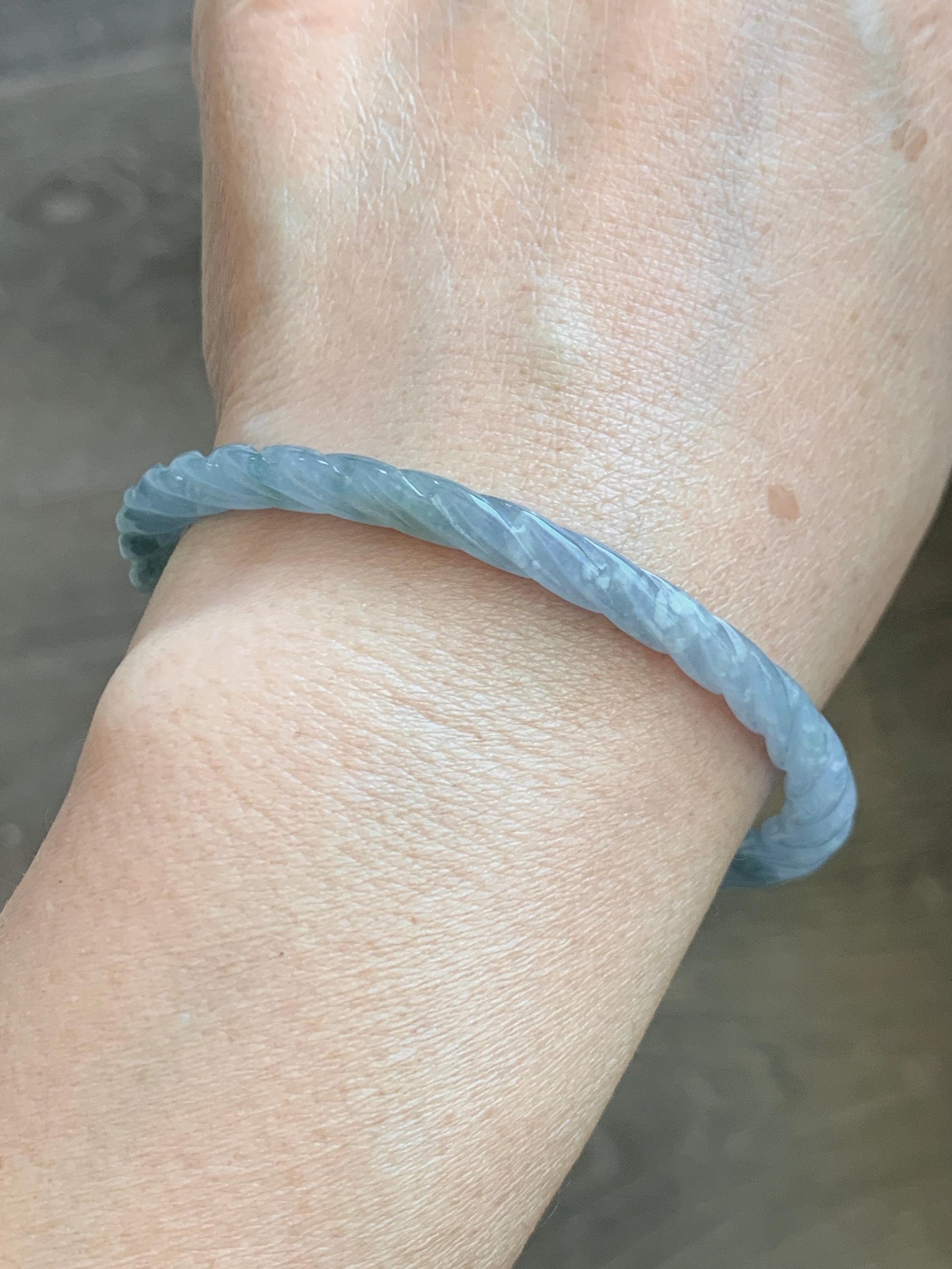 Certified Natural Grade A Guatemalan Icy Translucent Pastel Dusty Blue Jade Jadeite Carved Braid Slim Bangle 58.7mm 7.25” 天然冰危浅灰蓝翡翠细麻花手镯 196