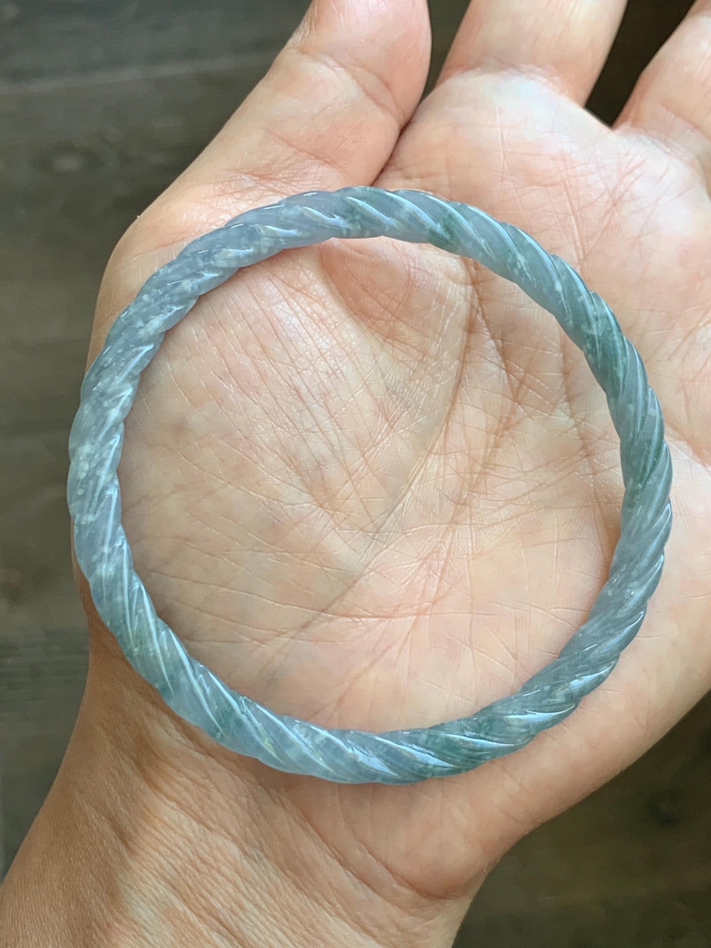 Certified Natural Grade A Guatemalan Icy Translucent Pastel Dusty Blue Jade Jadeite Carved Braid Slim Bangle 58.7mm 7.25” 天然冰危浅灰蓝翡翠细麻花手镯 196
