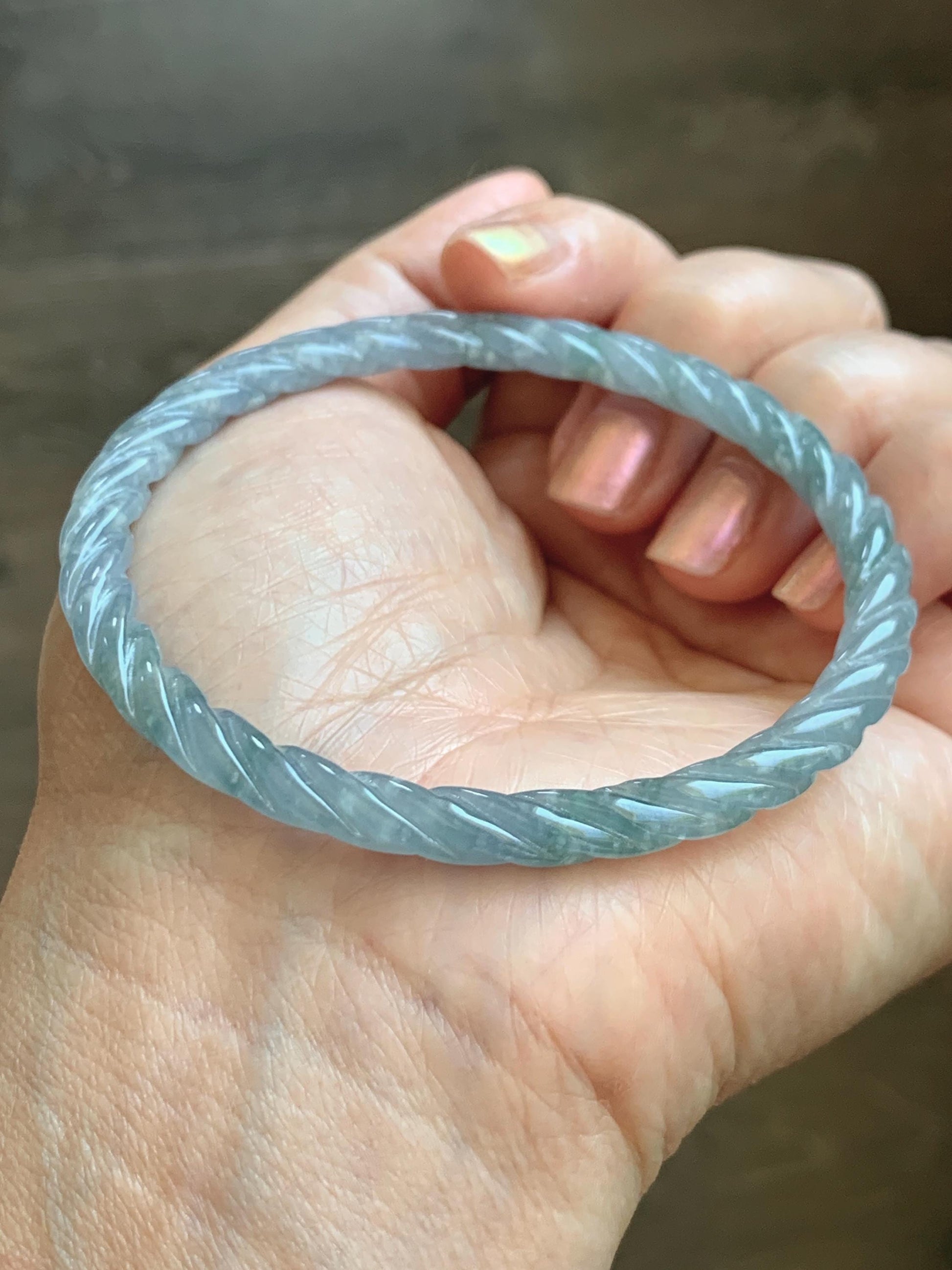 Certified Natural Grade A Guatemalan Icy Translucent Pastel Dusty Blue Jade Jadeite Carved Braid Slim Bangle 58.7mm 7.25” 天然冰危浅灰蓝翡翠细麻花手镯 196