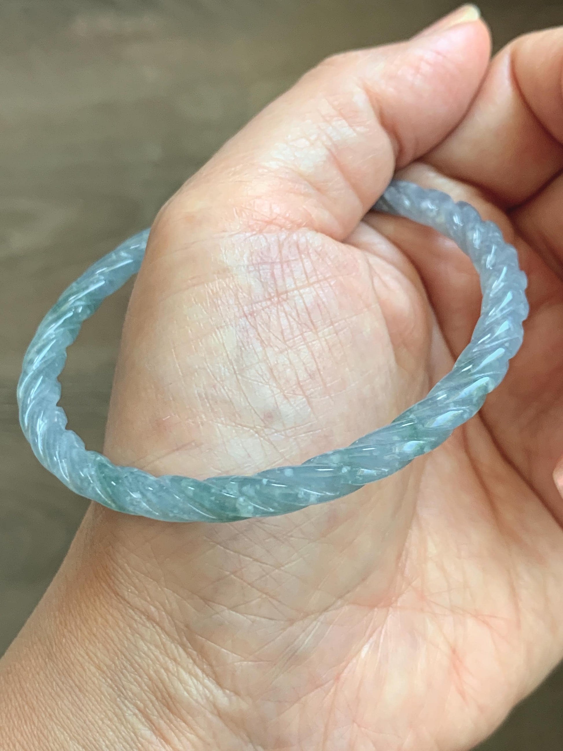 Certified Natural Grade A Guatemalan Icy Translucent Pastel Dusty Blue Jade Jadeite Carved Braid Slim Bangle 58.7mm 7.25” 天然冰危浅灰蓝翡翠细麻花手镯 196