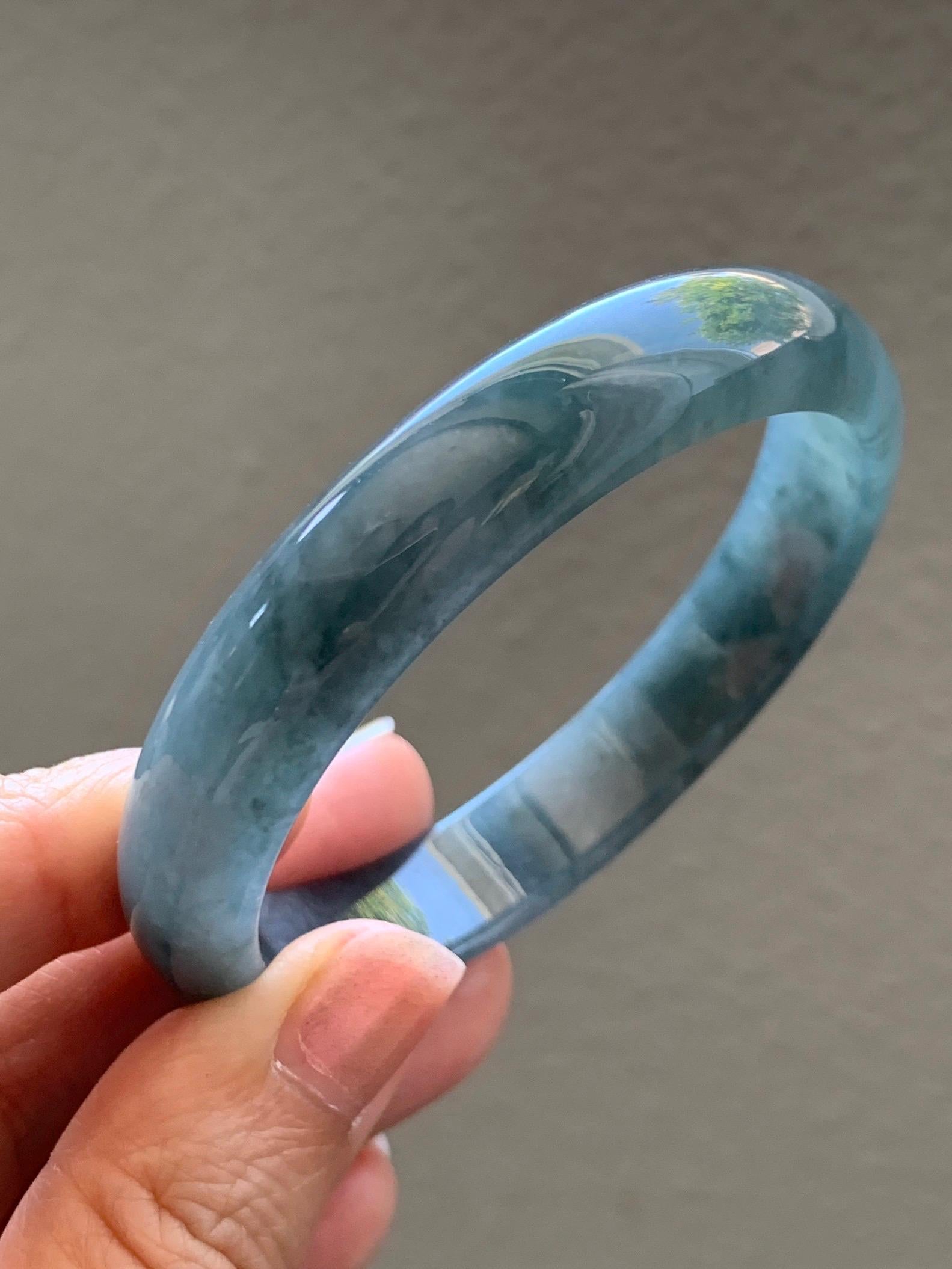 Certified Natural Grade A Guatemalan Icy Translucent Bluish Gray Wuji Jade Jadeite Wide Bangle 56.59mm 6.99” 39g 天然冰危灰蓝乌鸡翡翠正圈宽版手镯 204