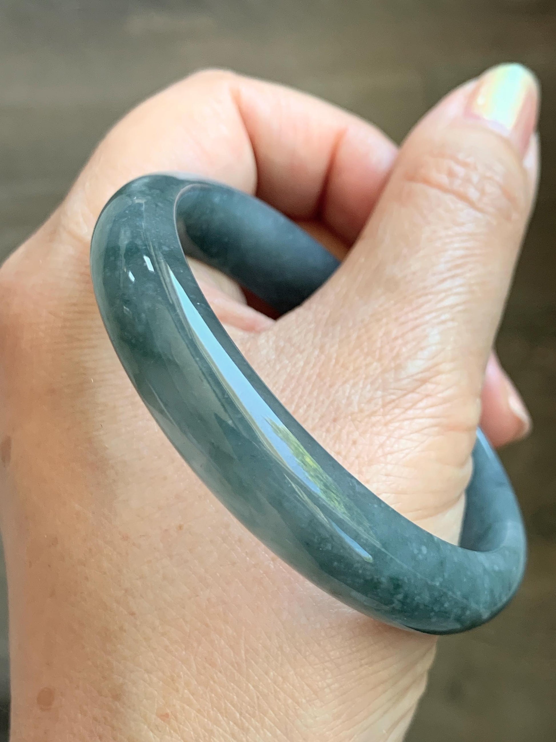 Certified Natural Grade A Guatemalan Icy Translucent Bluish Gray Wuji Jade Jadeite Wide Bangle 56.59mm 6.99” 39g 天然冰危灰蓝乌鸡翡翠正圈宽版手镯 204