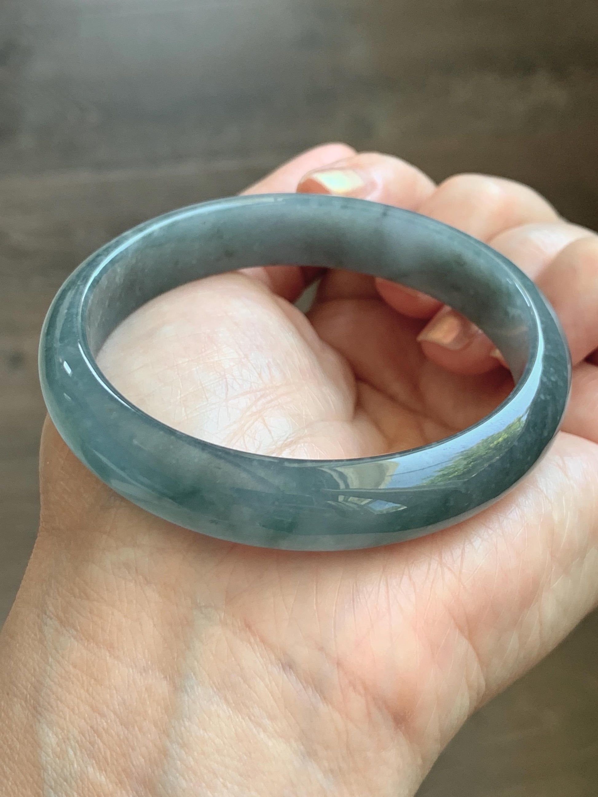 Certified Natural Grade A Guatemalan Icy Translucent Bluish Gray Wuji Jade Jadeite Wide Bangle 56.59mm 6.99” 39g 天然冰危灰蓝乌鸡翡翠正圈宽版手镯 204