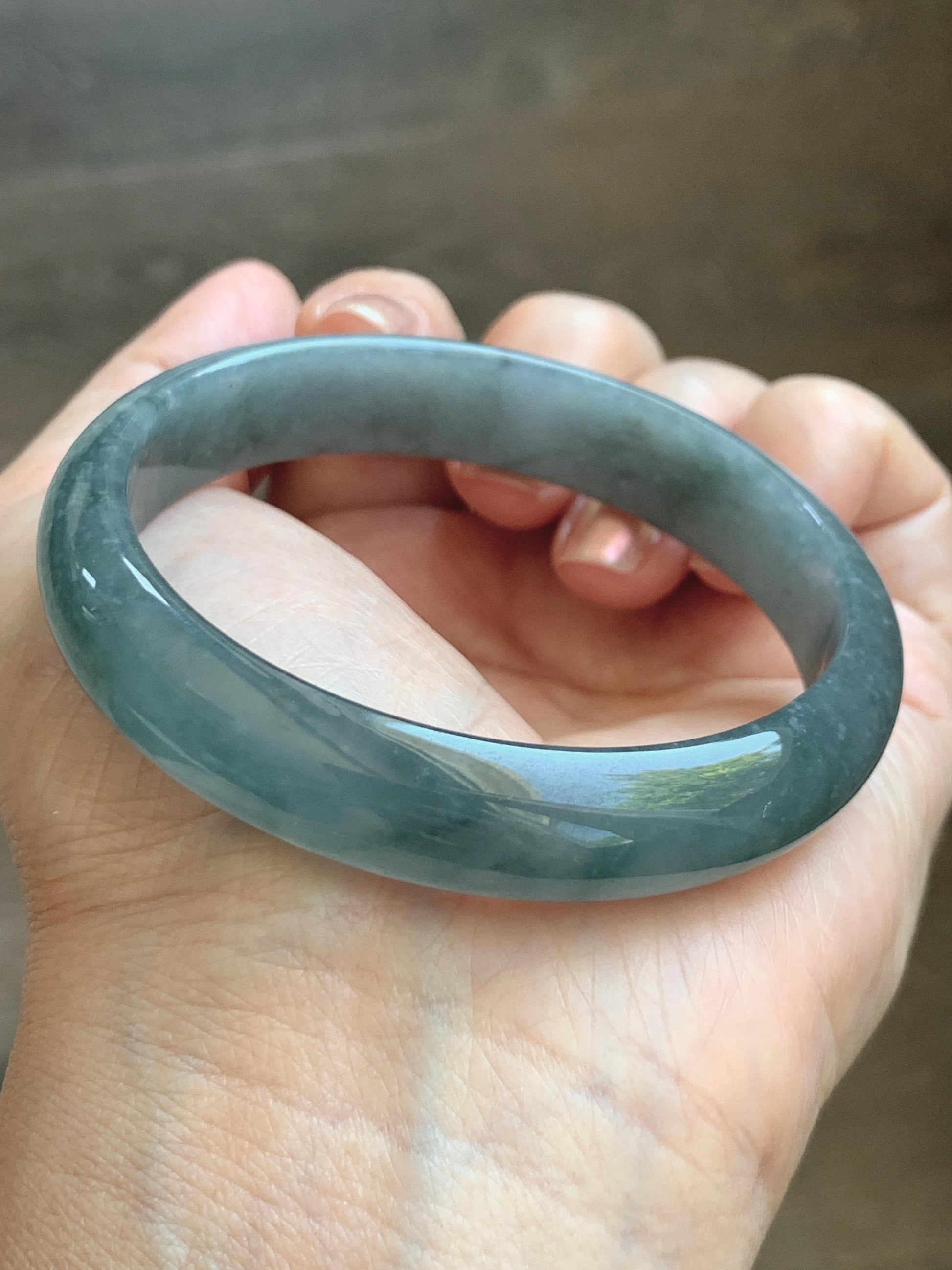 Certified Natural Grade A Guatemalan Icy Translucent Bluish Gray Wuji Jade Jadeite Wide Bangle 56.59mm 6.99” 39g 天然冰危灰蓝乌鸡翡翠正圈宽版手镯 204