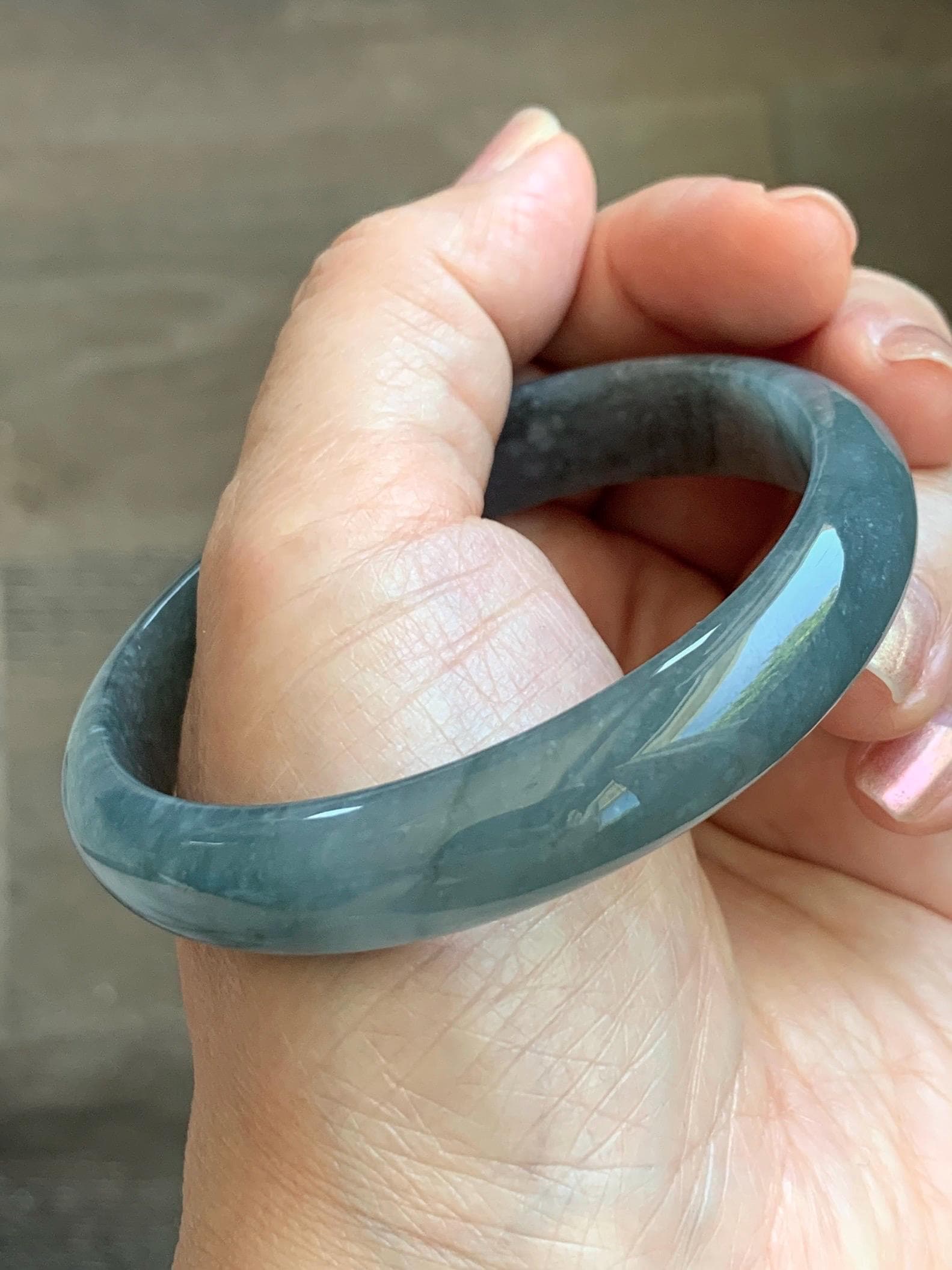 Certified Natural Grade A Guatemalan Icy Translucent Bluish Gray Wuji Jade Jadeite Wide Bangle 57.9mm 7.16” 38g 天然冰危灰蓝乌鸡翡翠正圈宽版手镯 205