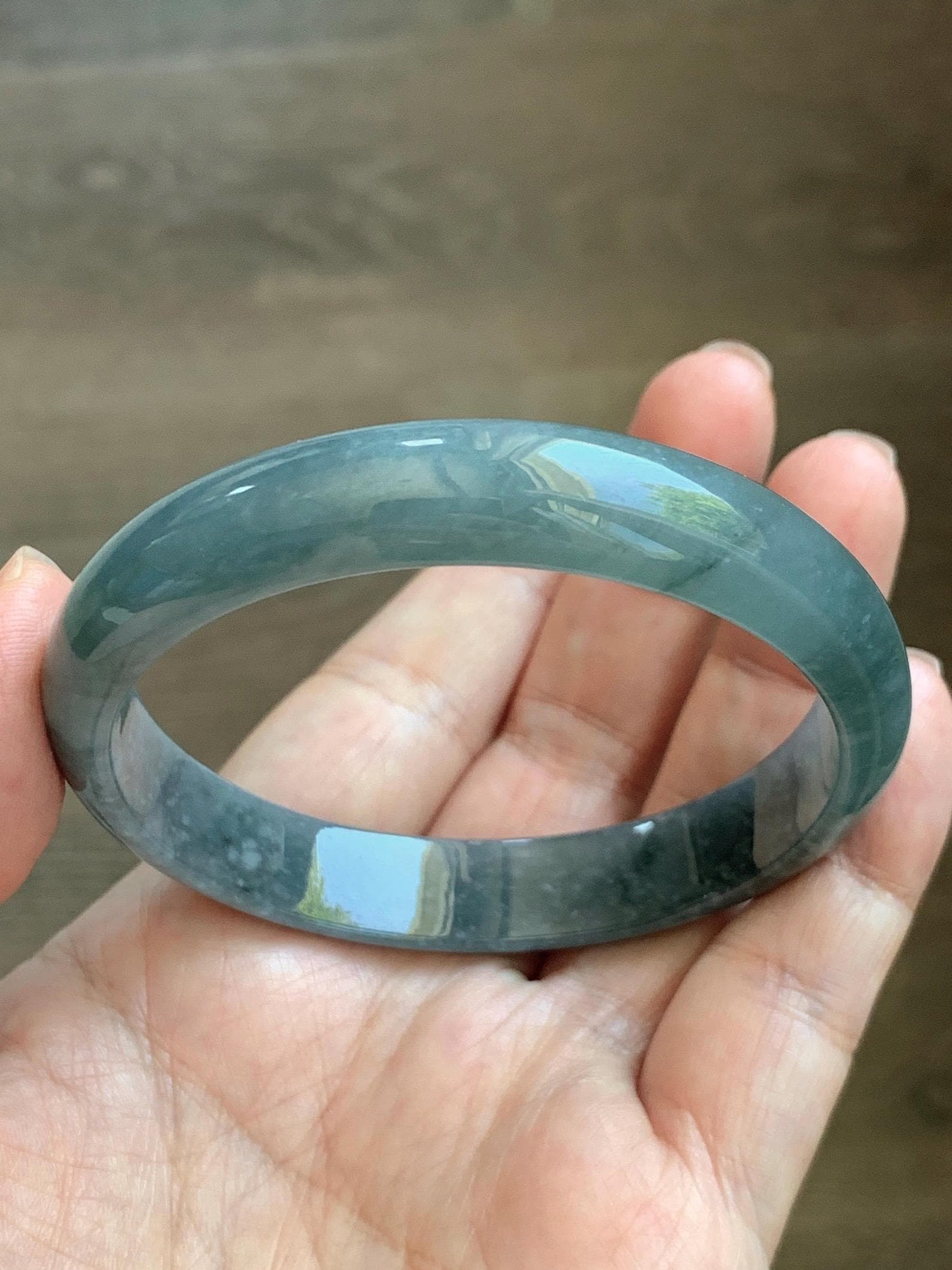 Certified Natural Grade A Guatemalan Icy Translucent Bluish Gray Wuji Jade Jadeite Wide Bangle 57.9mm 7.16” 38g 天然冰危灰蓝乌鸡翡翠正圈宽版手镯 205
