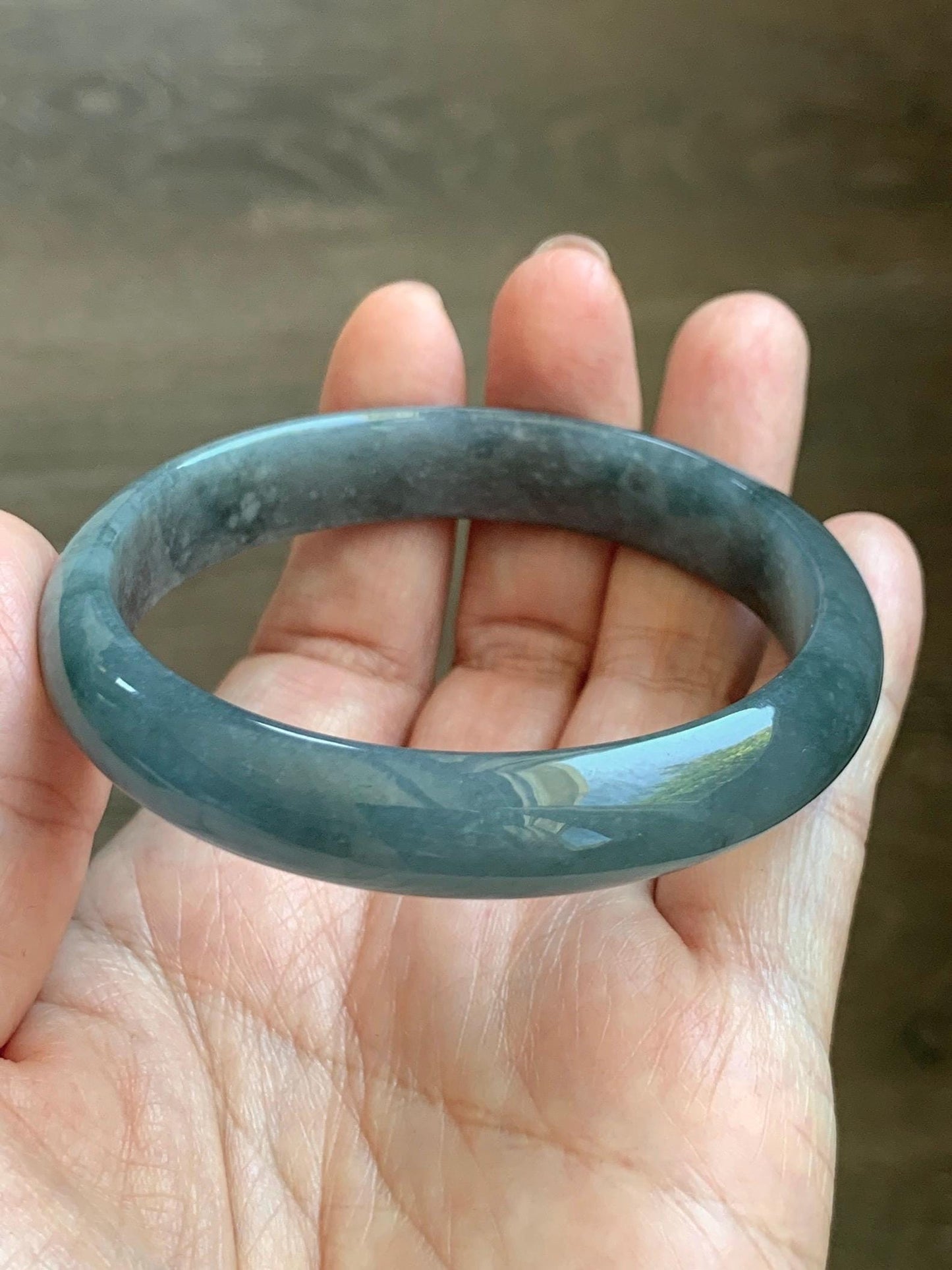Certified Natural Grade A Guatemalan Icy Translucent Bluish Gray Wuji Jade Jadeite Wide Bangle 57.9mm 7.16” 38g 天然冰危灰蓝乌鸡翡翠正圈宽版手镯 205