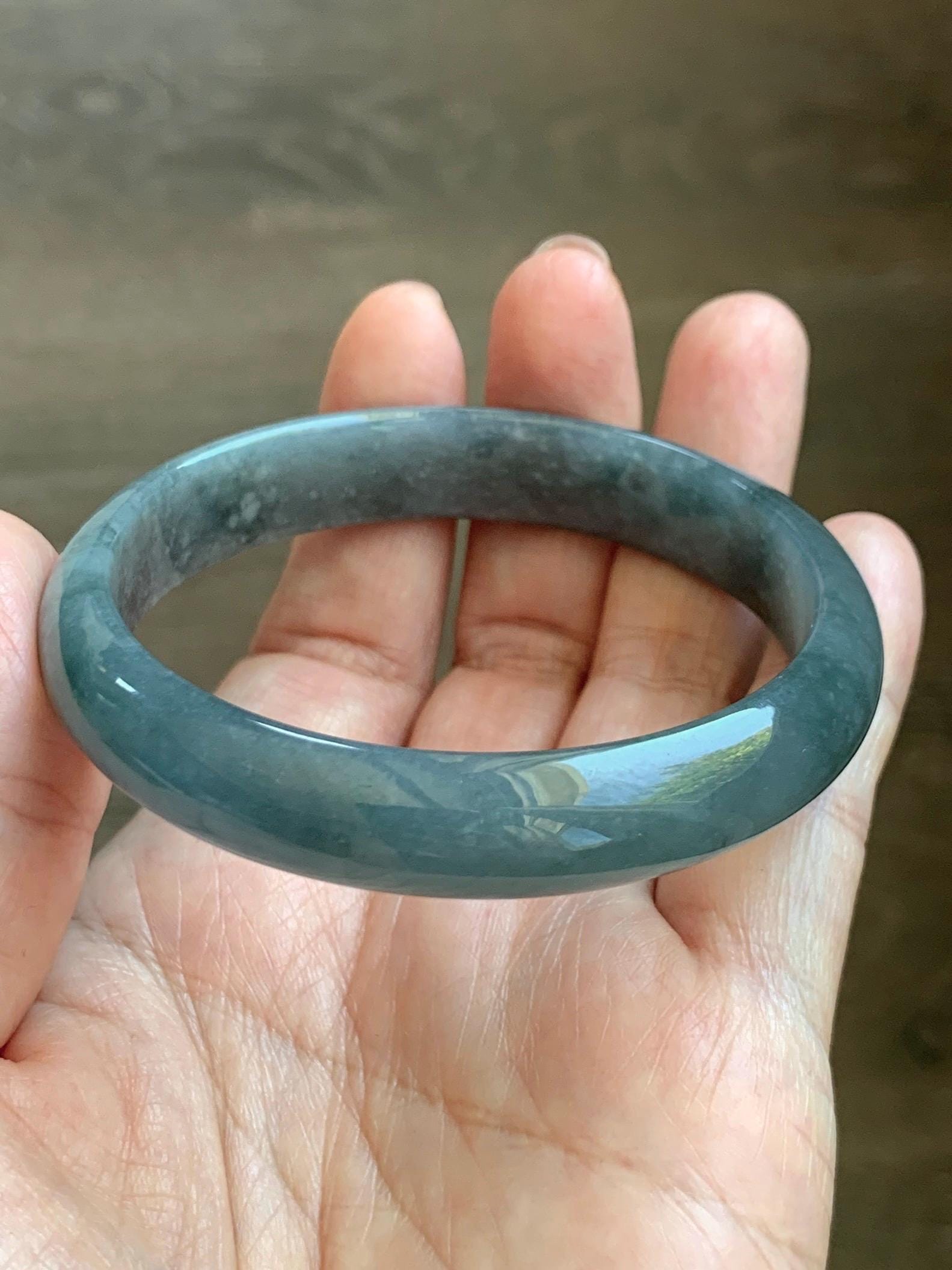 Certified Natural Grade A Guatemalan Icy Translucent Bluish Gray Wuji Jade Jadeite Wide Bangle 57.9mm 7.16” 38g 天然冰危灰蓝乌鸡翡翠正圈宽版手镯 205