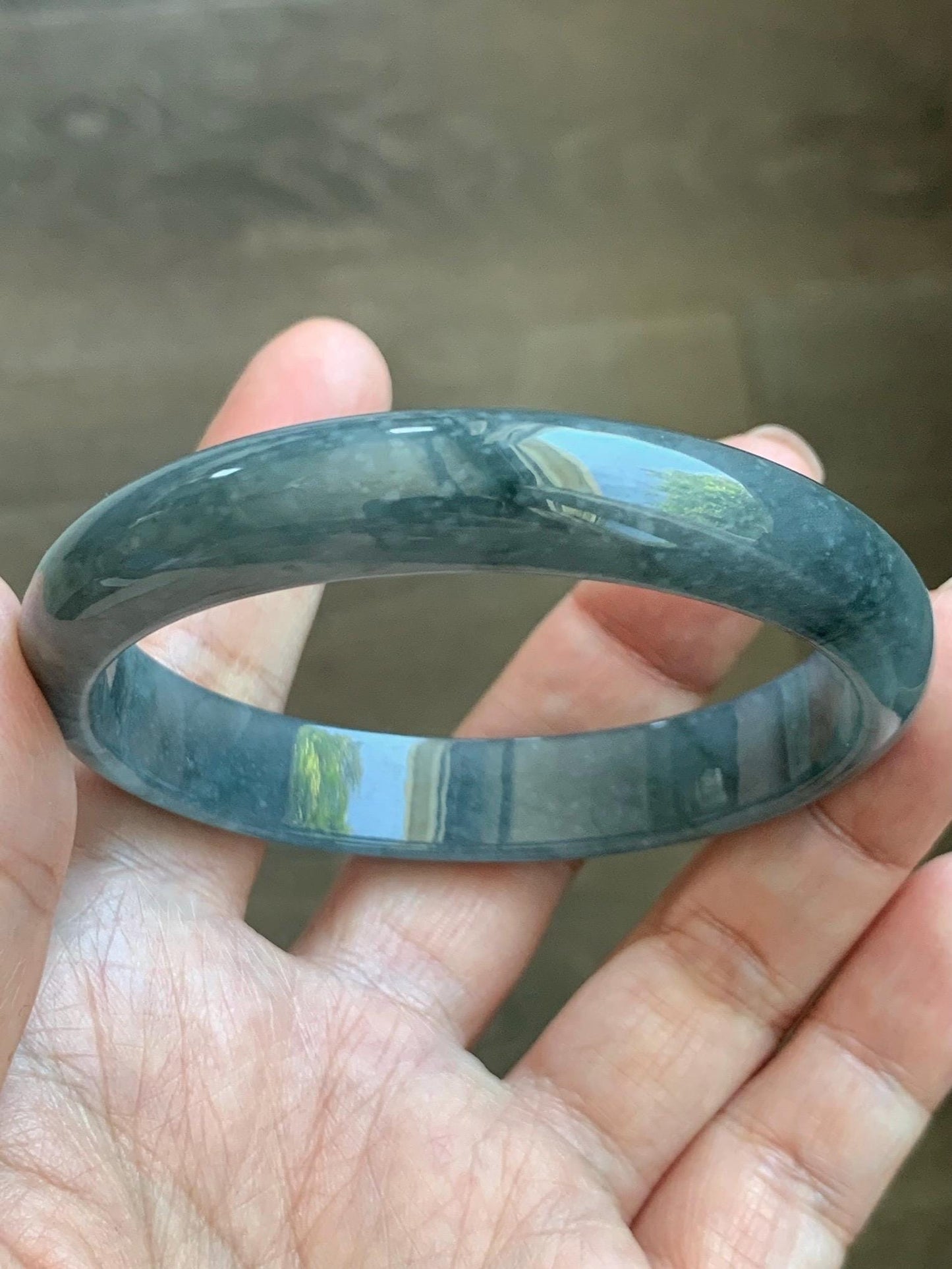 Certified Natural Grade A Guatemalan Icy Translucent Bluish Gray Wuji Jade Jadeite Wide Bangle 57.9mm 7.16” 38g 天然冰危灰蓝乌鸡翡翠正圈宽版手镯 205