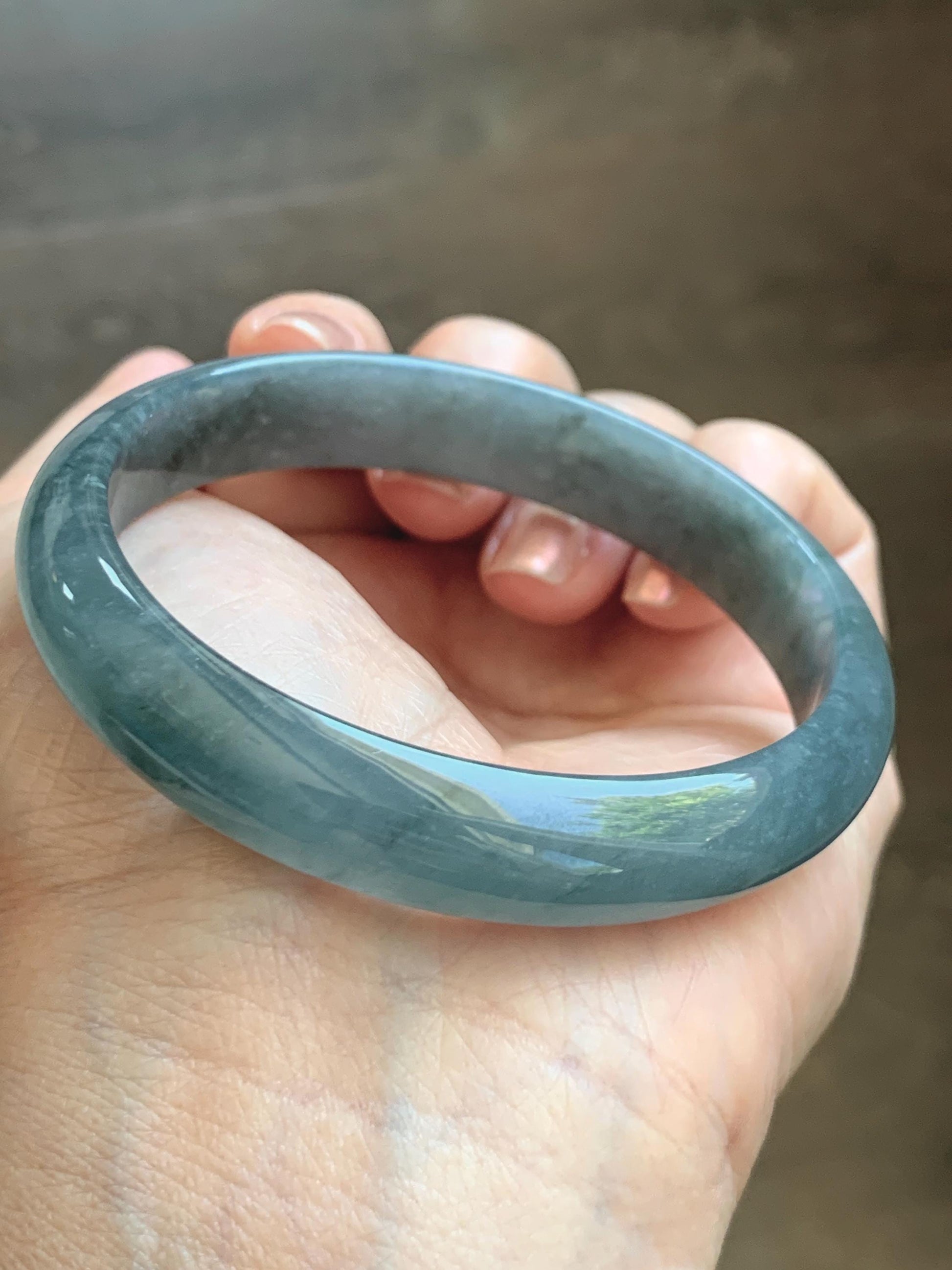 Certified Natural Grade A Guatemalan Icy Translucent Bluish Gray Wuji Jade Jadeite Wide Bangle 57.9mm 7.16” 38g 天然冰危灰蓝乌鸡翡翠正圈宽版手镯 205