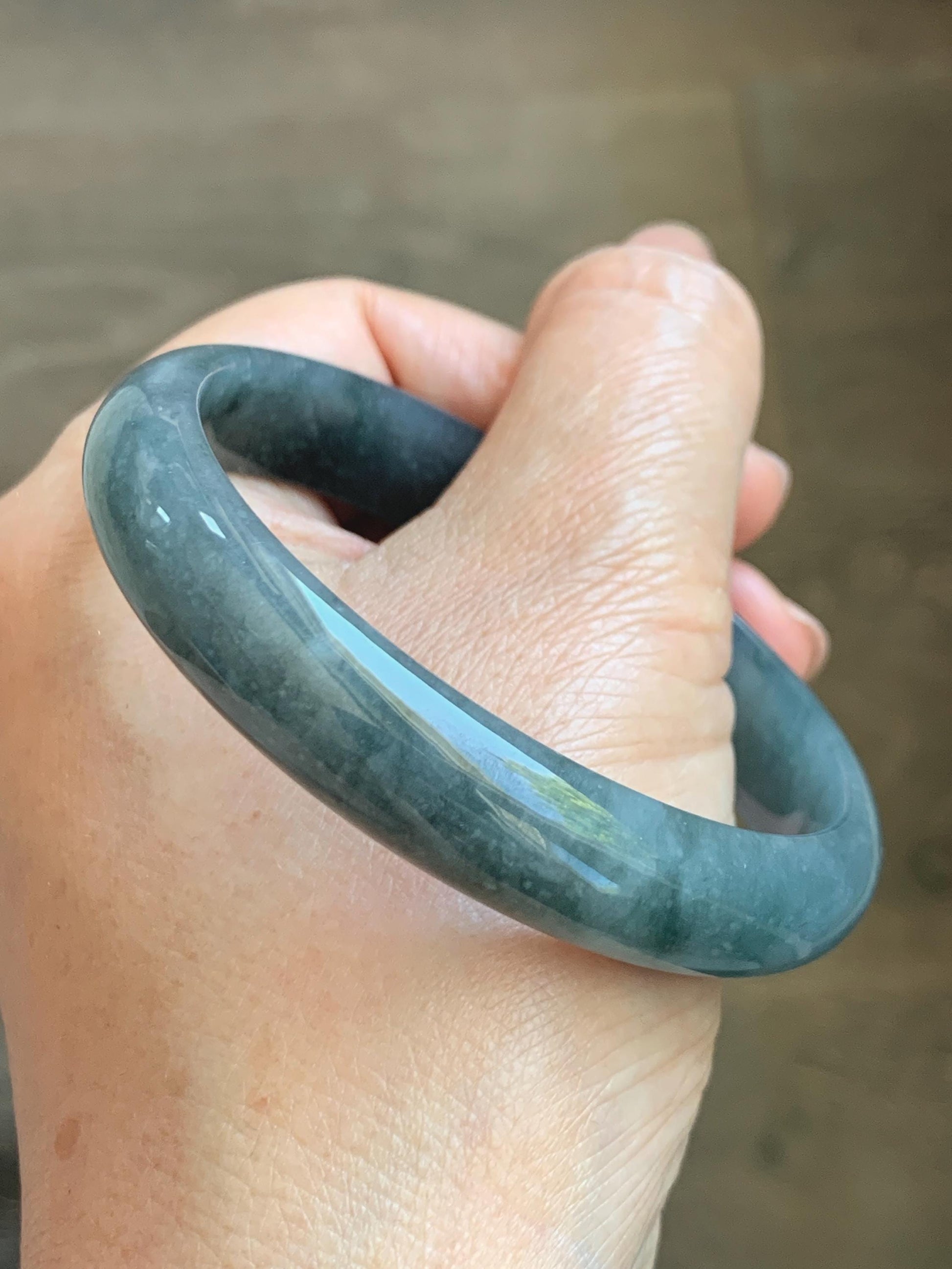 Certified Natural Grade A Guatemalan Icy Translucent Bluish Gray Wuji Jade Jadeite Wide Bangle 57.9mm 7.16” 38g 天然冰危灰蓝乌鸡翡翠正圈宽版手镯 205