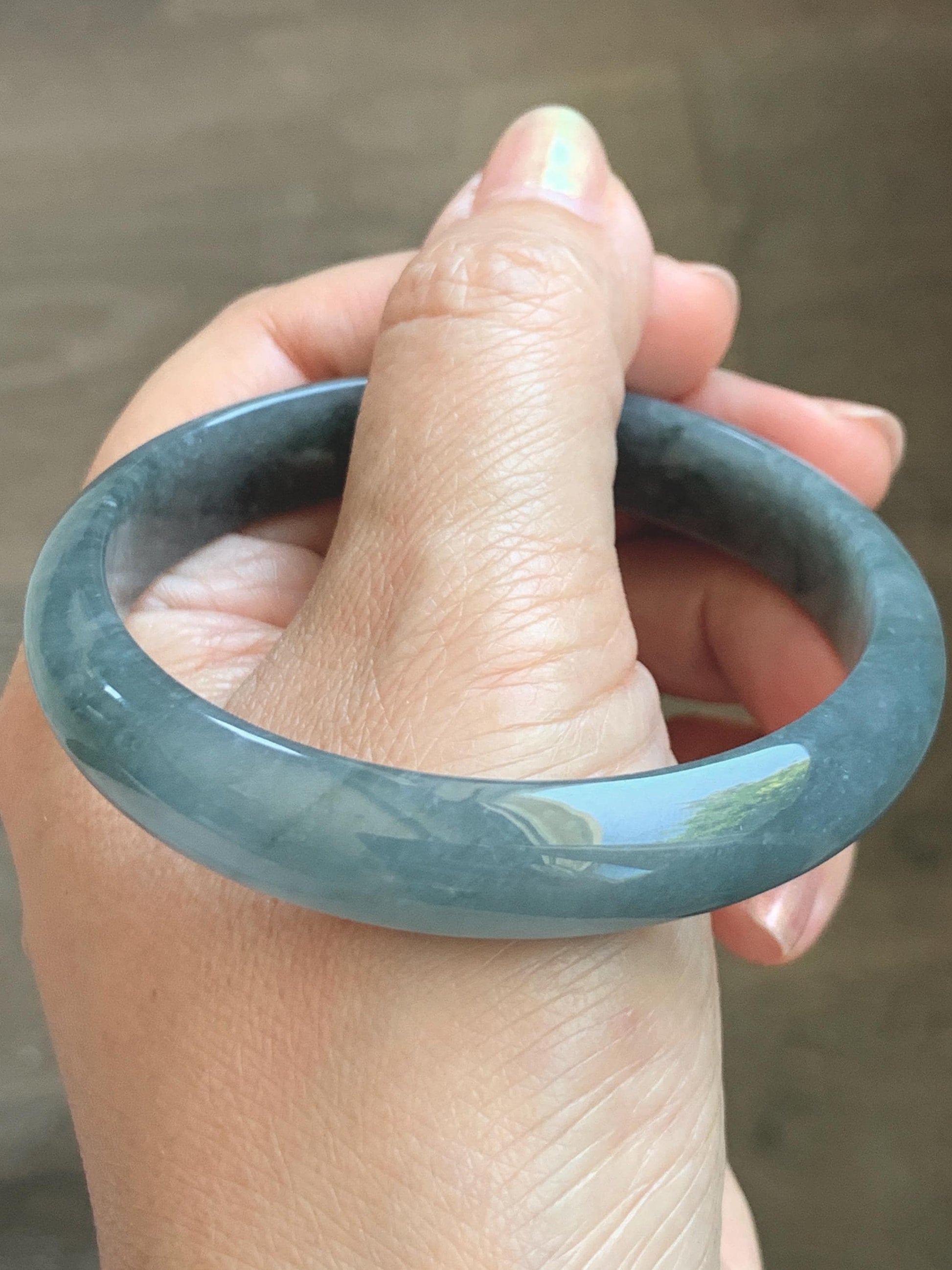 Certified Natural Grade A Guatemalan Icy Translucent Bluish Gray Wuji Jade Jadeite Wide Bangle 57.9mm 7.16” 38g 天然冰危灰蓝乌鸡翡翠正圈宽版手镯 205