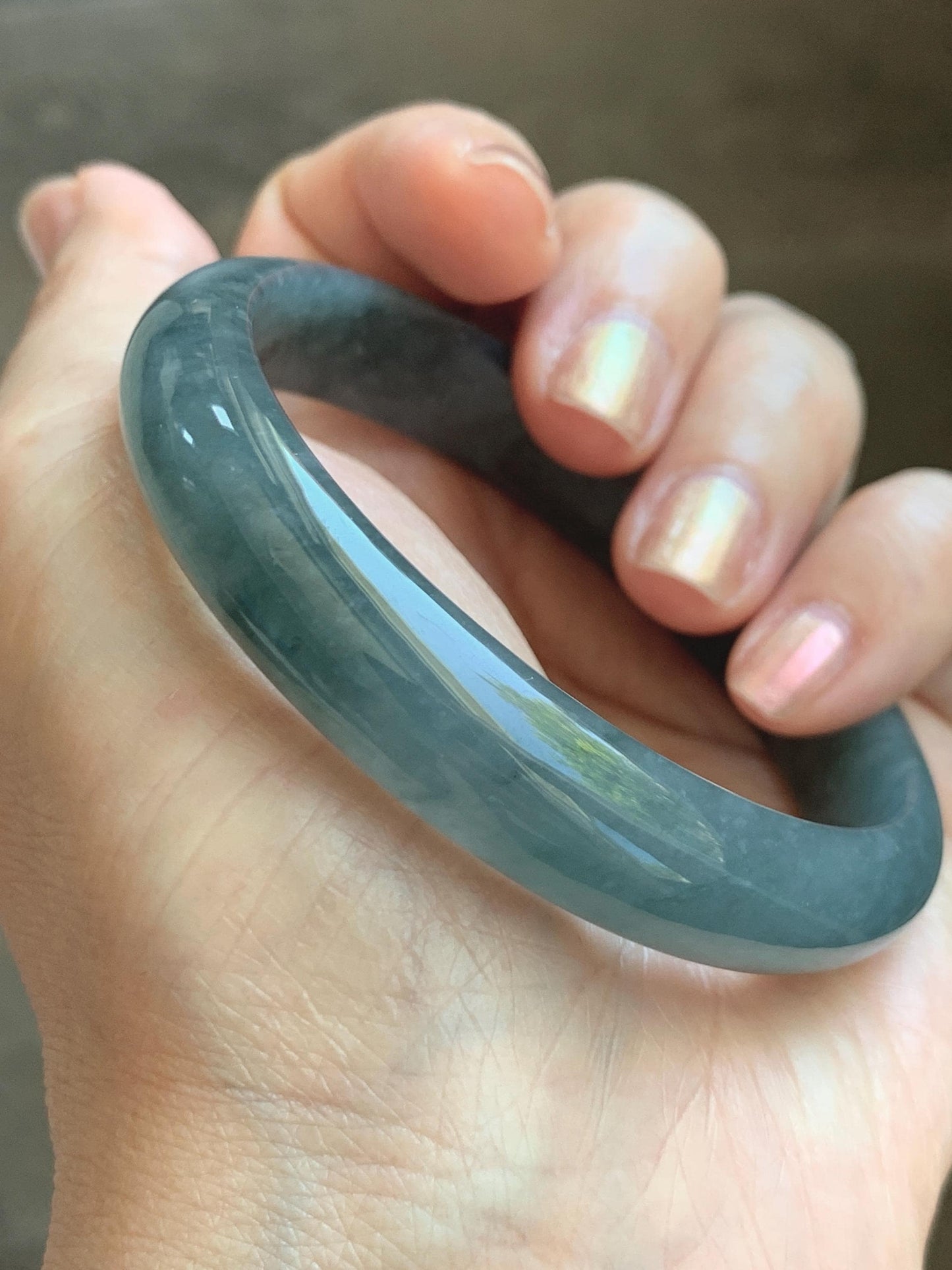 Certified Natural Grade A Guatemalan Icy Translucent Bluish Gray Wuji Jade Jadeite Wide Bangle 57.9mm 7.16” 38g 天然冰危灰蓝乌鸡翡翠正圈宽版手镯 205