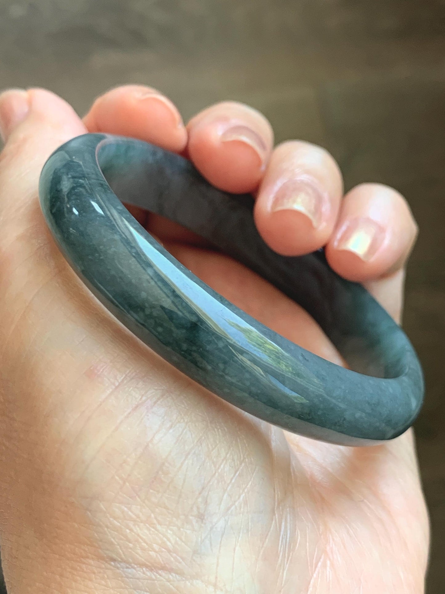 Certified Natural Grade A Guatemalan Icy Translucent Bluish Gray Wuji Jade Jadeite Wide Bangle 57.9mm 7.16” 38g 天然冰危灰蓝乌鸡翡翠正圈宽版手镯 205