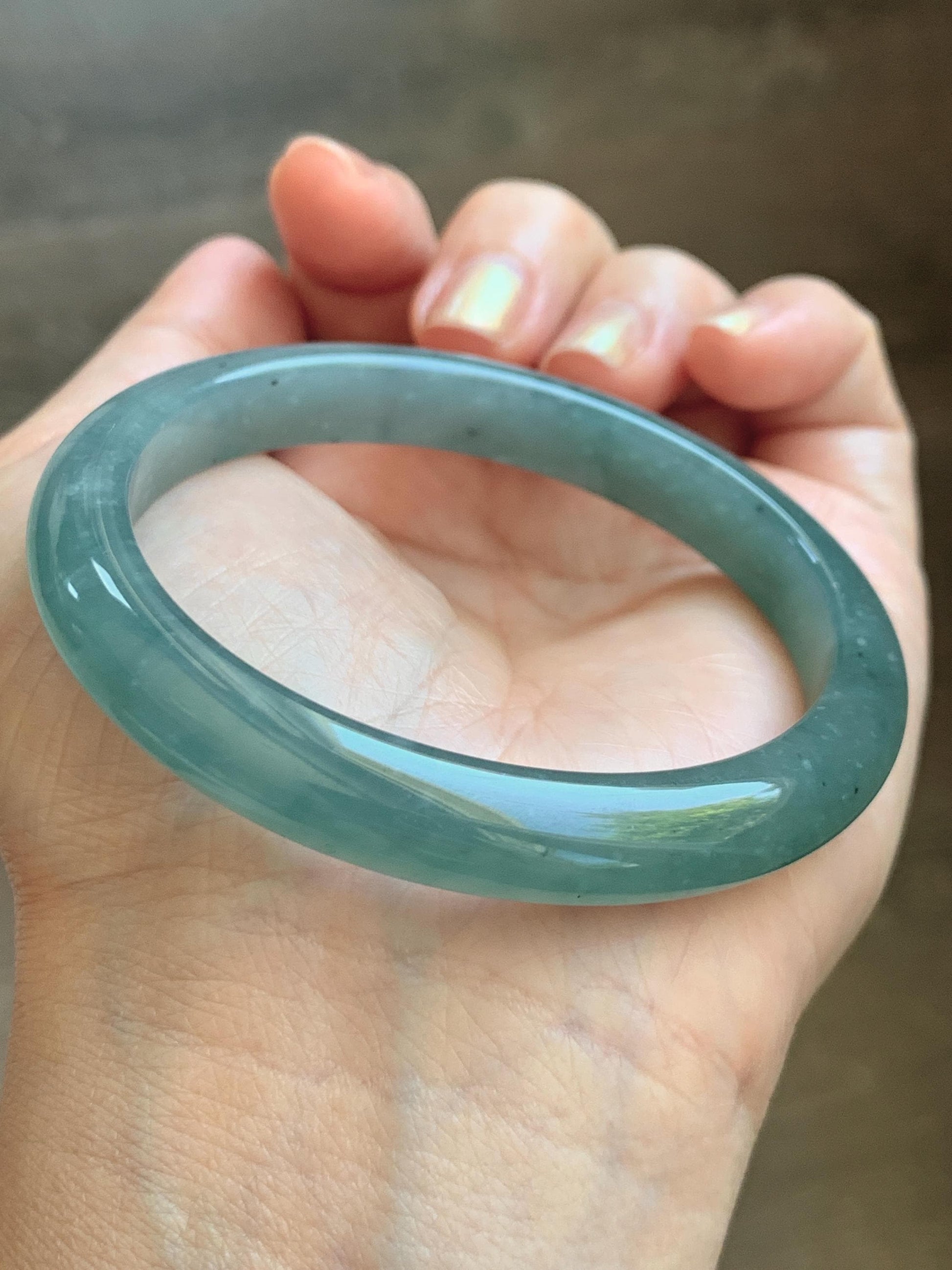Certified Natural Grade A Guatemalan Icy Translucent Dusty Teal Green Wuji Marbled Jade Jadeite Bangle 56.9mm 7.03” 36.5g 天然冰危蓝绿乌鸡翡翠正圈手镯 214
