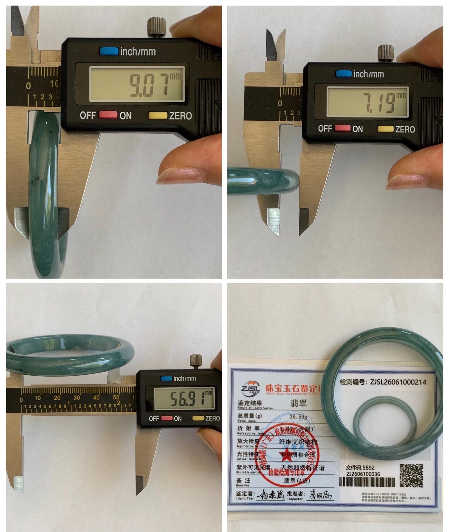 Certified Natural Grade A Guatemalan Icy Translucent Dusty Teal Green Wuji Marbled Jade Jadeite Bangle 56.9mm 7.03” 36.5g 天然冰危蓝绿乌鸡翡翠正圈手镯 214