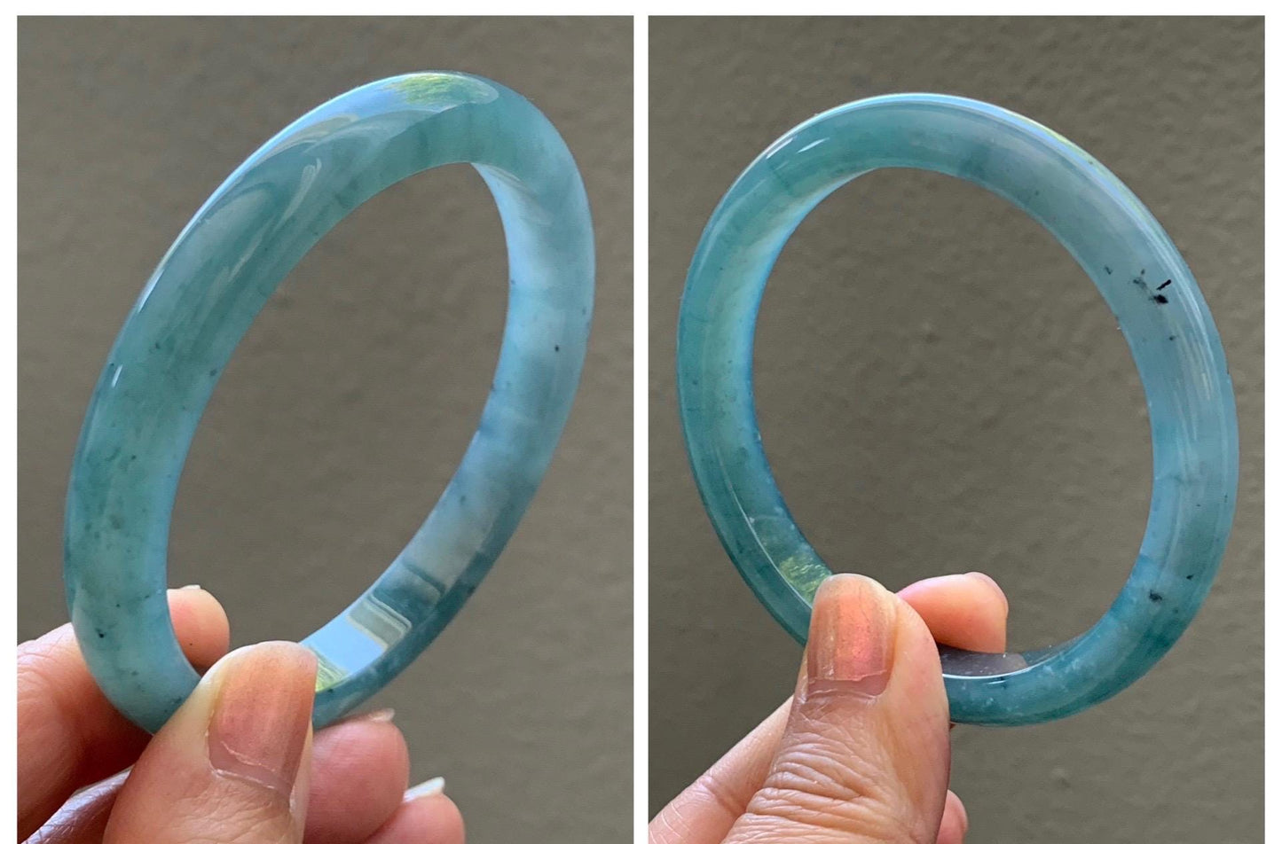 Certified Natural Grade A Guatemalan Icy Translucent Dusty Teal Green Wuji Marbled Jade Jadeite Bangle 56.9mm 7.03” 36.5g 天然冰危蓝绿乌鸡翡翠正圈手镯 214